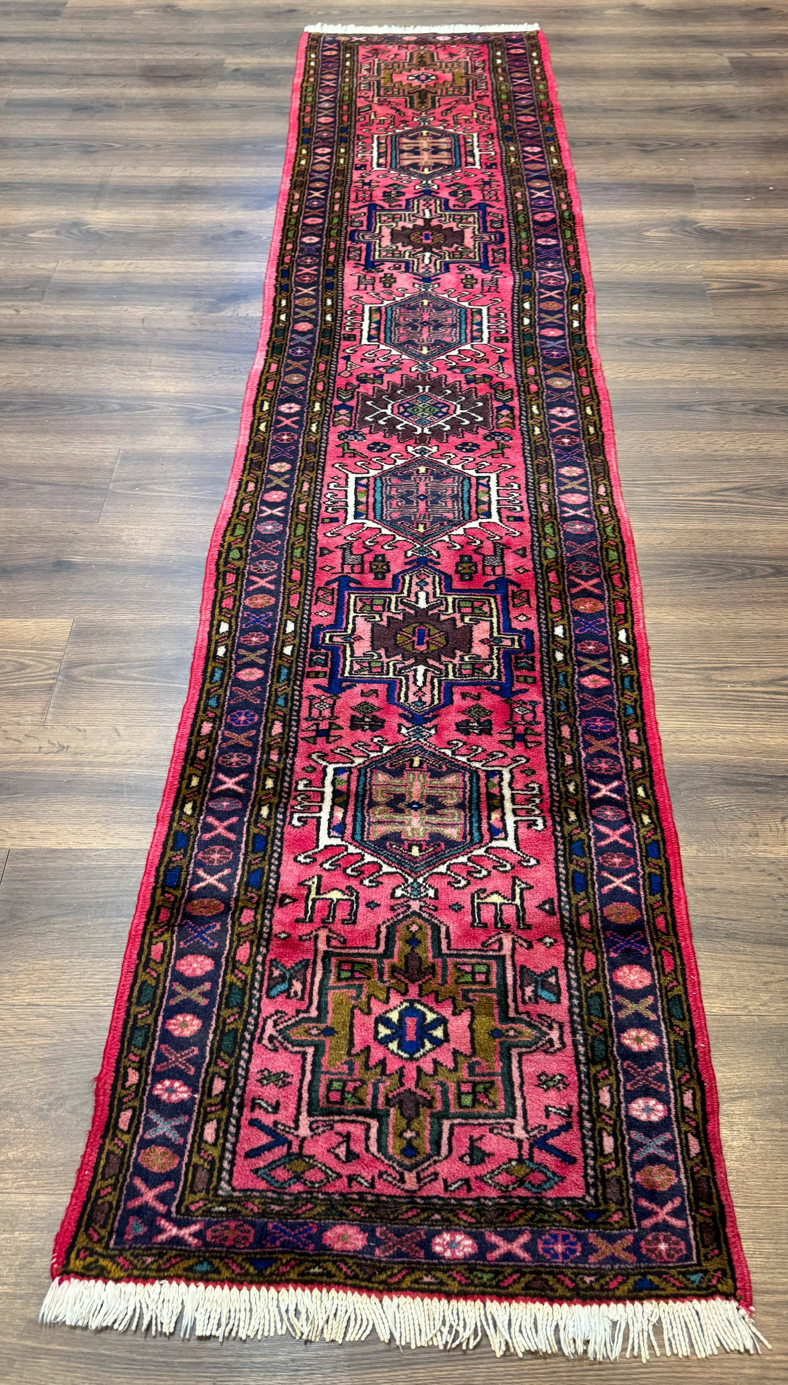 Vintage Persian Karajeh Runner Rug 2 x 9.8, Pink and Navy, Geometric Design - Jewel Rugs