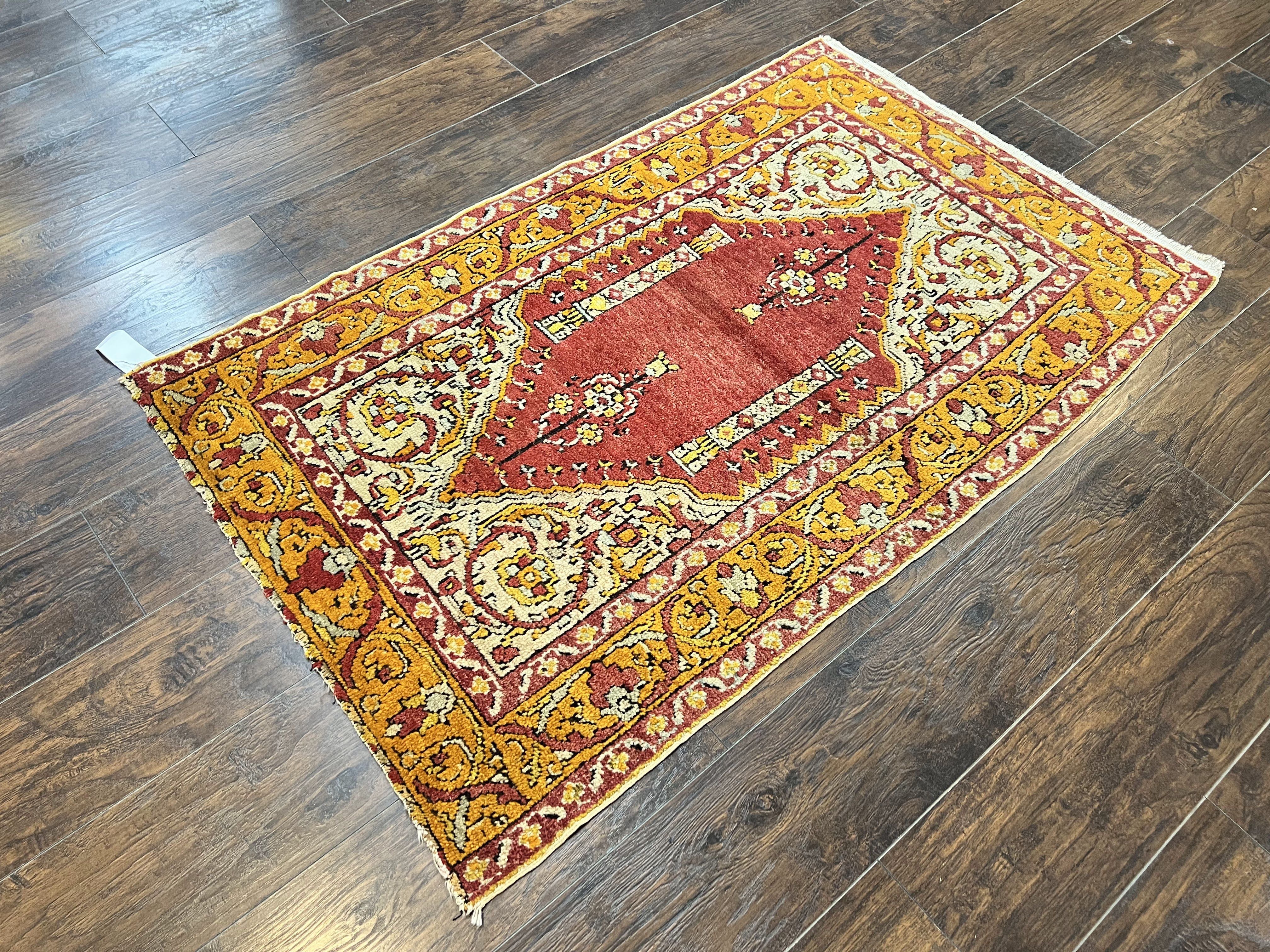 Antique Turkish Prayer Rug 3x5, Hand Knotted Turkish Melas Oushak Wool Carpet, Mehrab Rug, Orange & Red Vintage Rug 3 x 5 Collectible - Jewel Rugs
