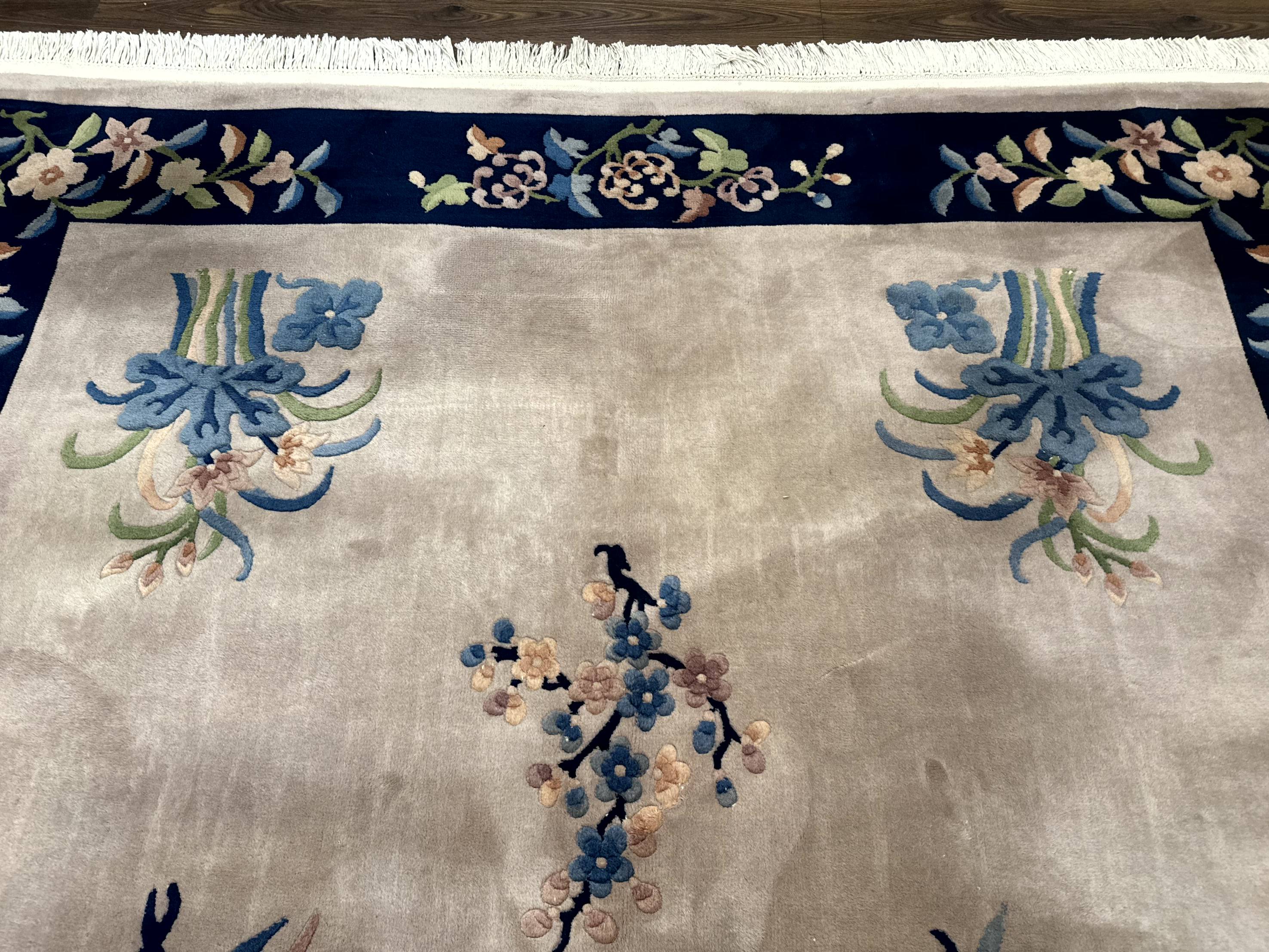 Chinese Wool Rug 8x10, Light Gray and Navy Blue, Floral, Chinese 120 Line Carpet - Jewel Rugs