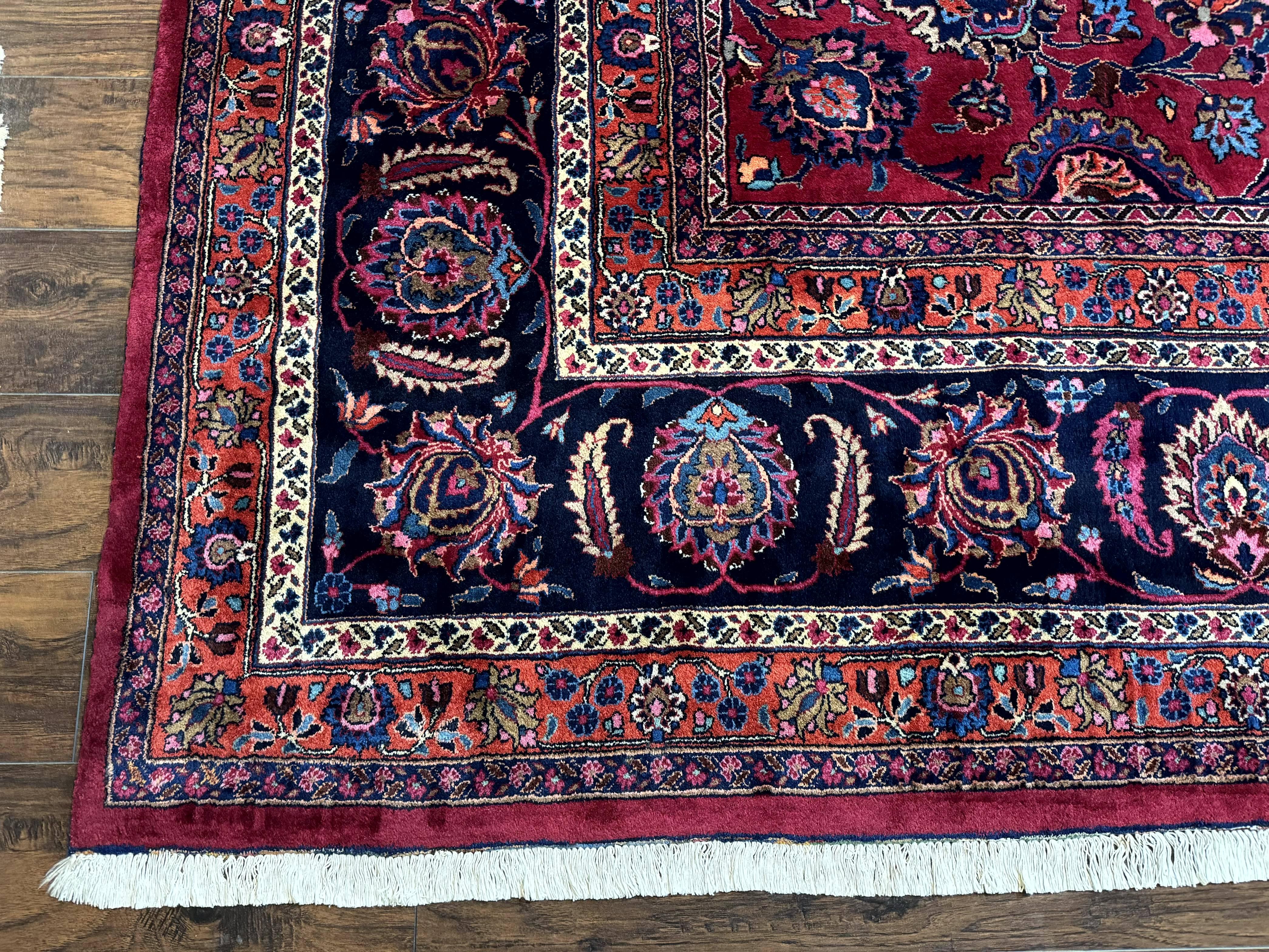 Palace Size Persian Mashad Rug 12x16, Raspberry and Navy Blue, Signature from Master Weaver, Antique Handmade Large Wool Carpet - Jewel Rugs