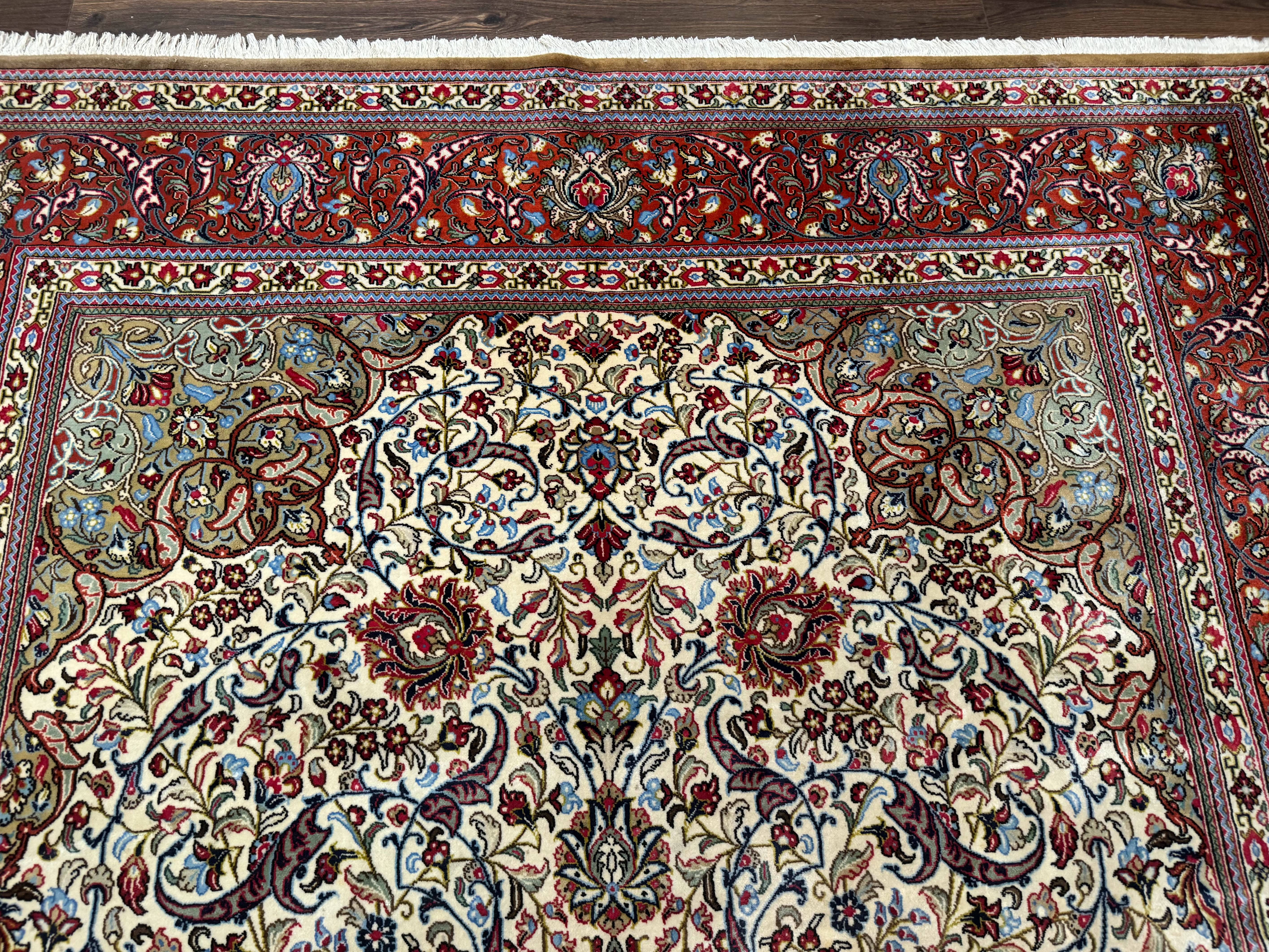 Persian Qum Rug 7x11, Beige and Red, Highly Detailed Floral Pattern, Fine 260 KPSI - Jewel Rugs