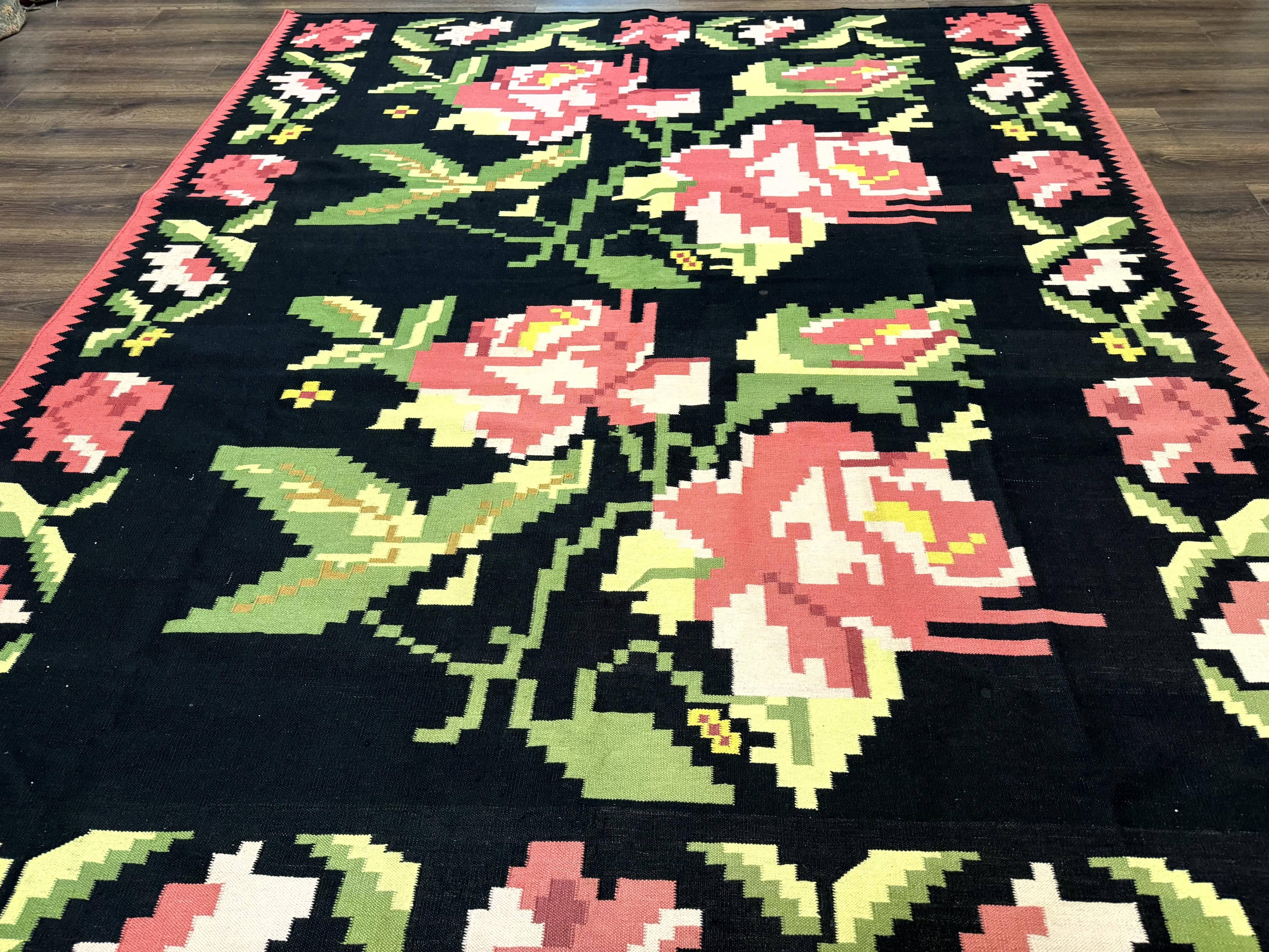 Large Indian Dhurrie Rug 8x10, Black Pink Green, 8 x 10 Kilim Rug, Handmade, Wool, Floral - Jewel Rugs