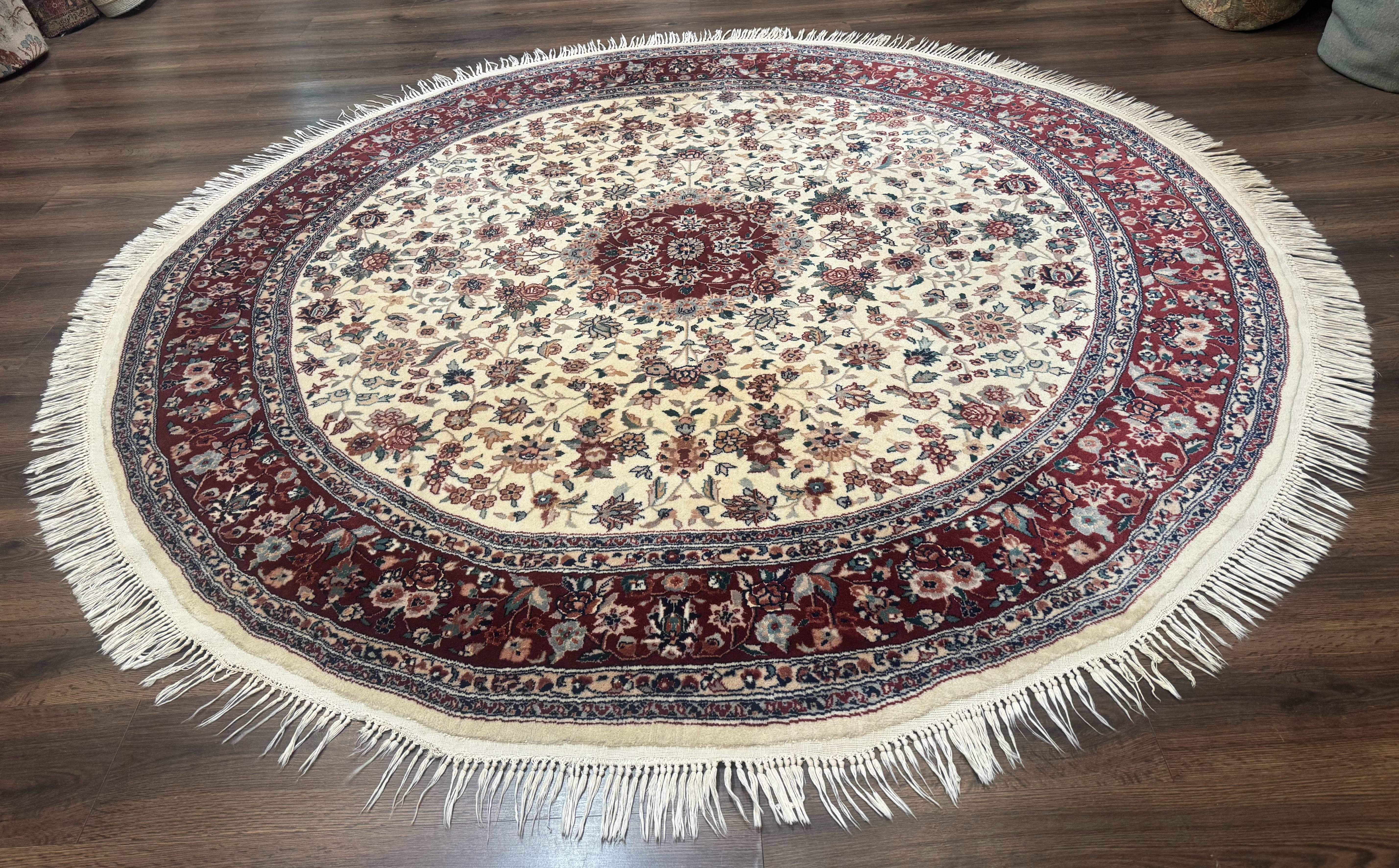 Round Sino Persian Rug 8x8, Wool and Silk, Floral Medallion, Ivory Dark Red - Jewel Rugs