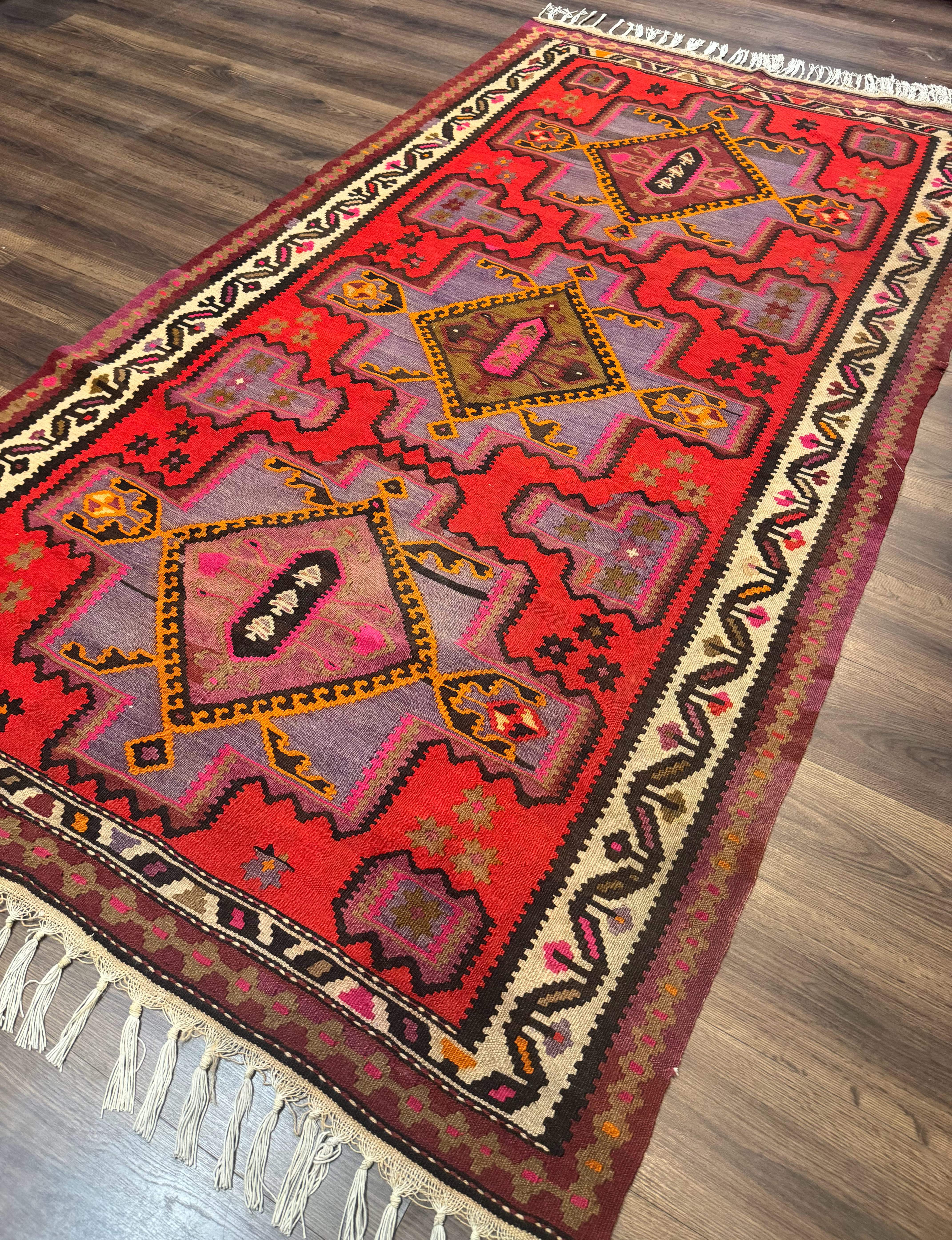 Persian Kurdish Zarand Kilim Rug 5x9, Red, Geometric Medallions, Wide Runner - Jewel Rugs