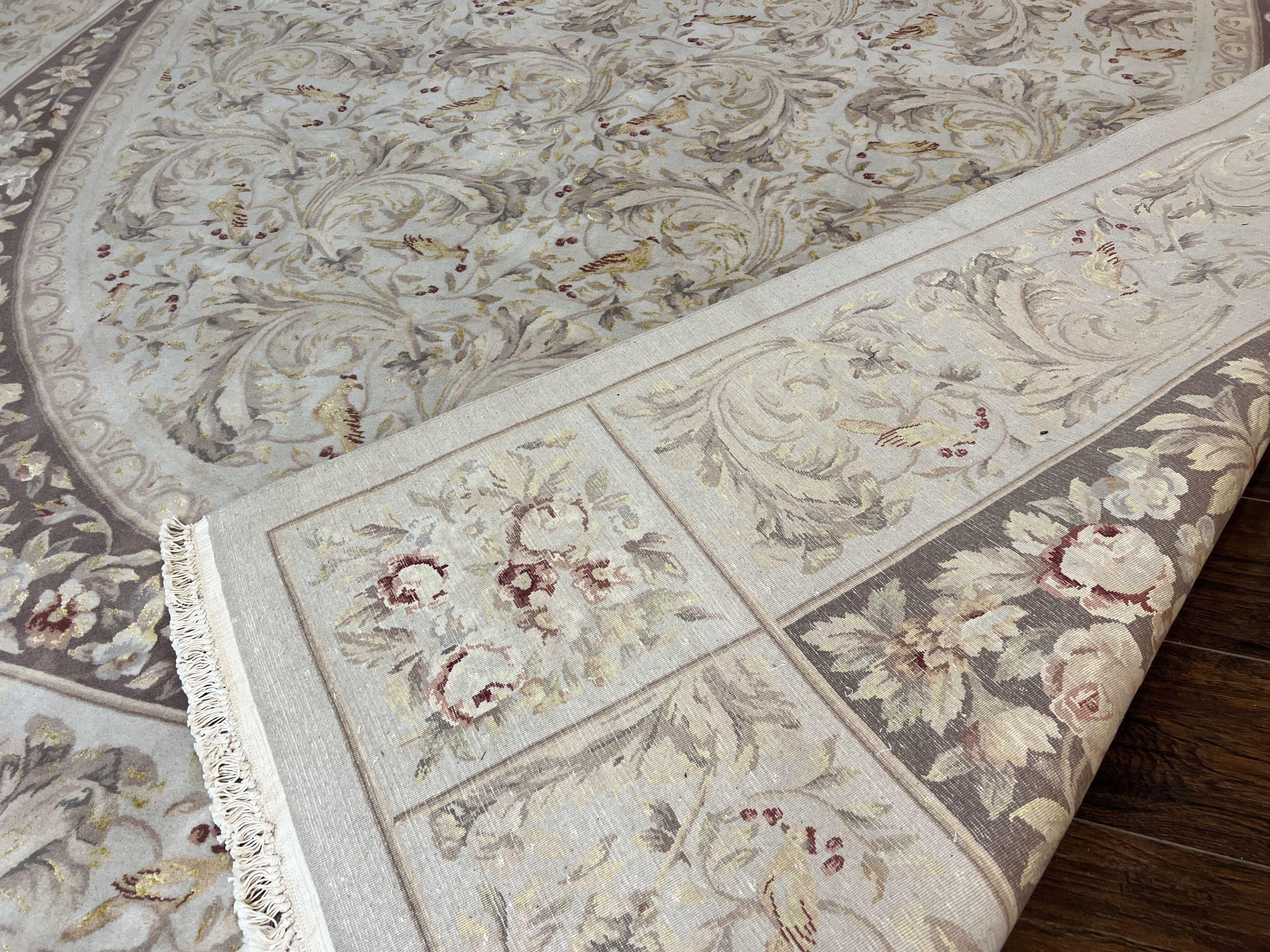 Aubusson Rug 10x14, Wool & Silk Highlights Hand Knotted Vintage Carpet, Birds Flowers, Fine Details, Elegant - Jewel Rugs