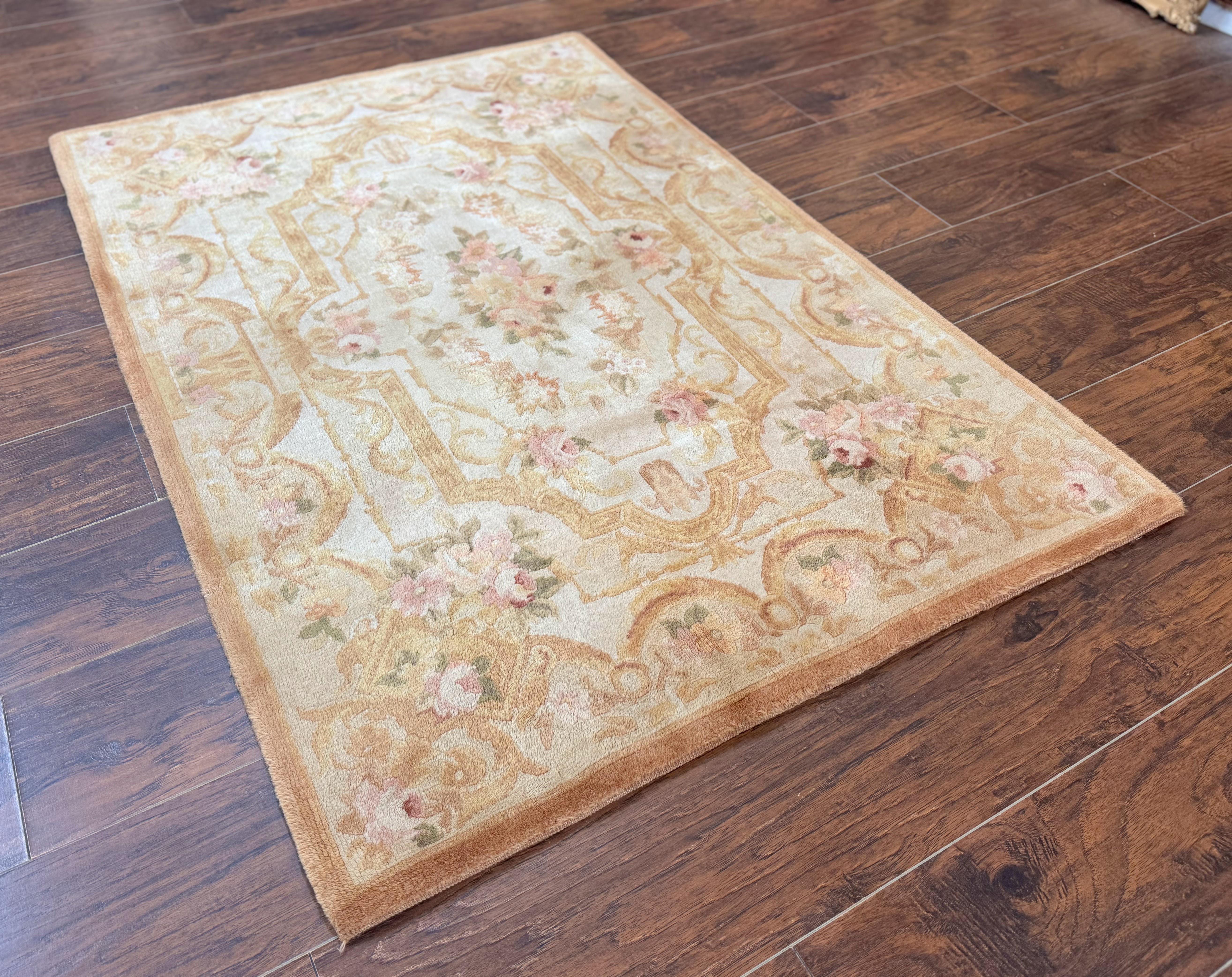 Chinese Aubusson Rug 3.6 x 5, Beige and Gold, Handmade Vintage Elegant European Design Carpet, Plush Wool, Handmade - Jewel Rugs