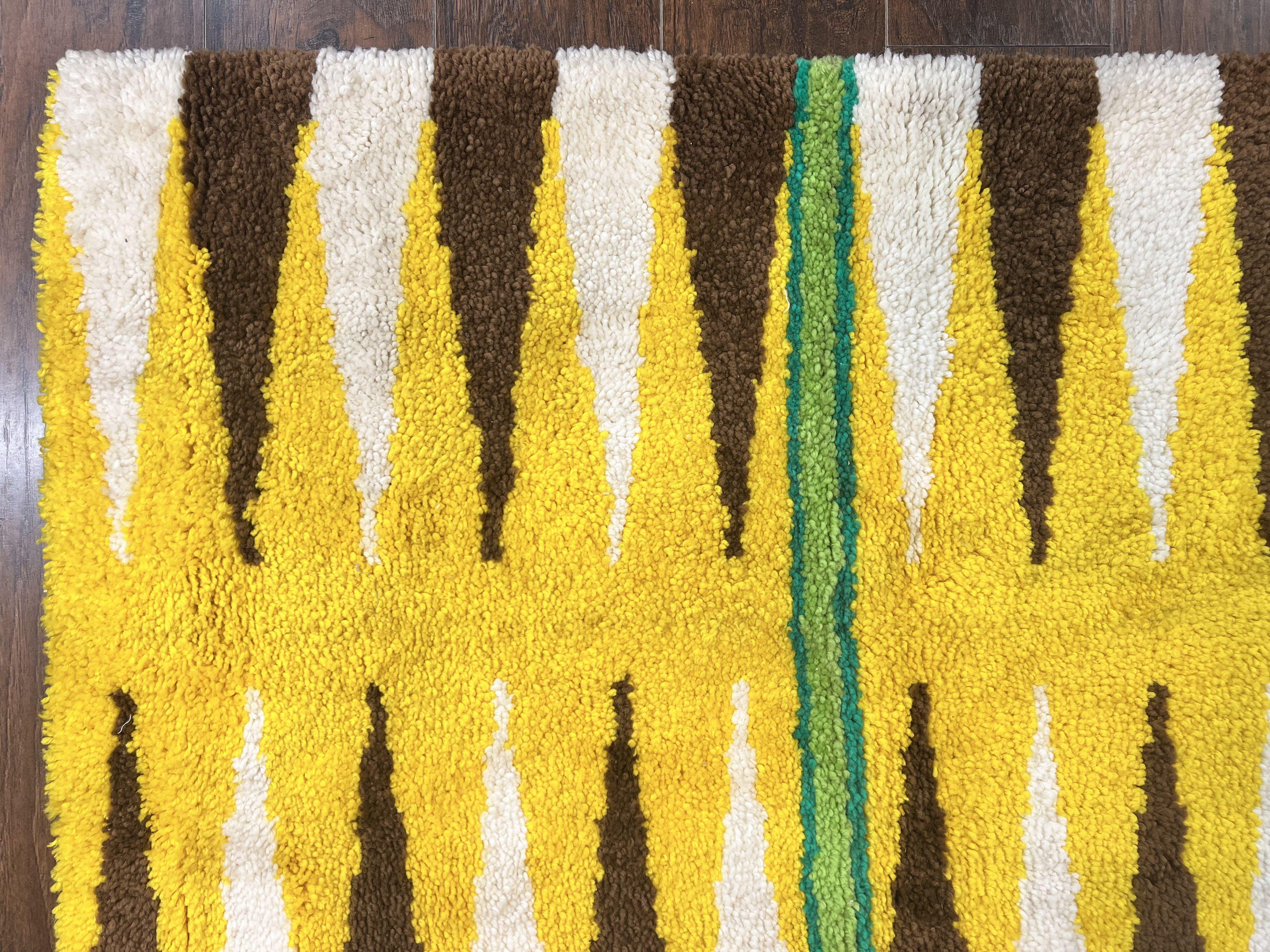 Danish Rya Rug 3x4, Vintage Mid Century Retro Rya Shag Rug, Stripes, Yellow Ivory Brown - Jewel Rugs