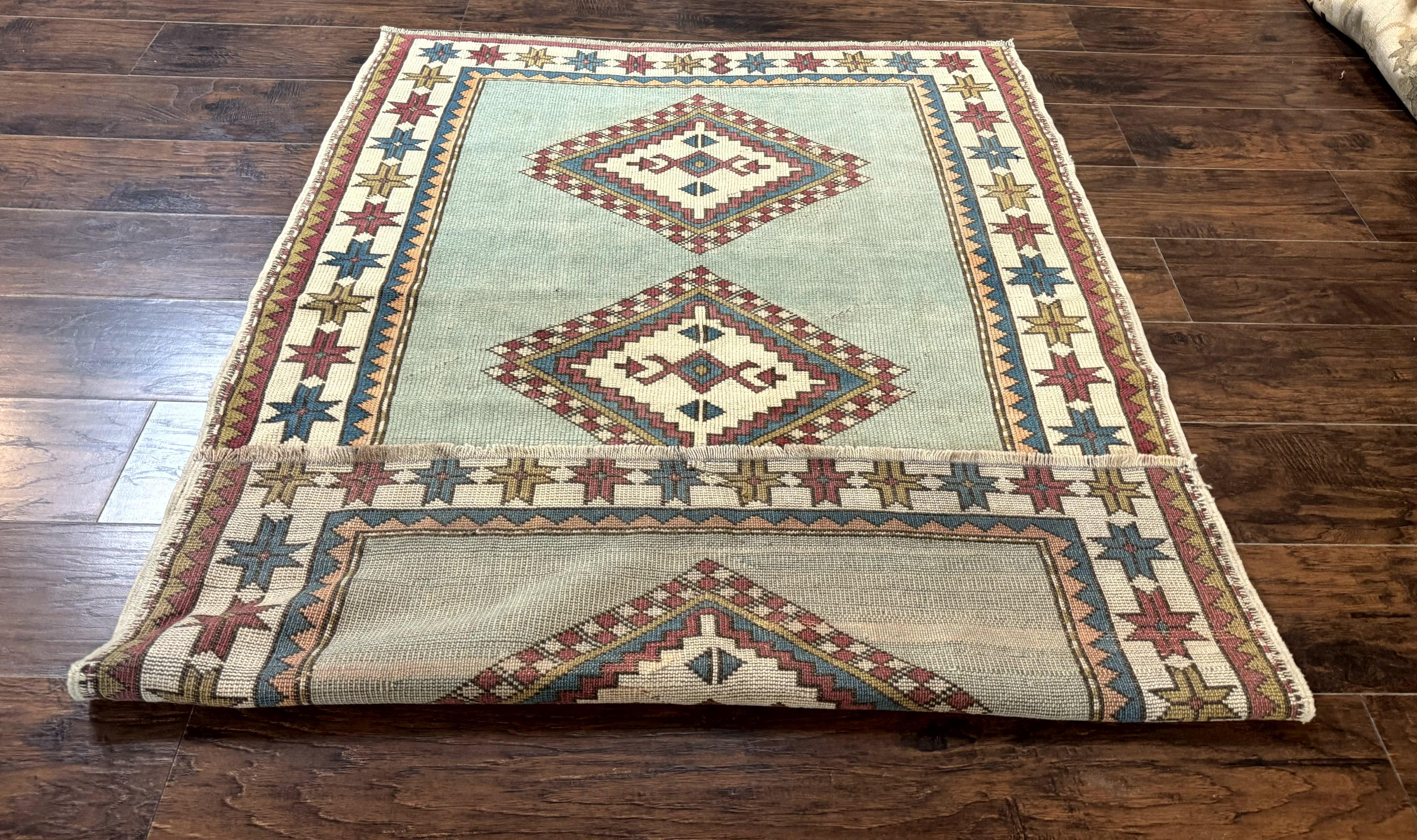 Turkish Kazak Rug 4x6, Geometric Medallion, Caucasian Design Rug, Semi Antique Vintage, Mint Green Maroon Ivory - Jewel Rugs