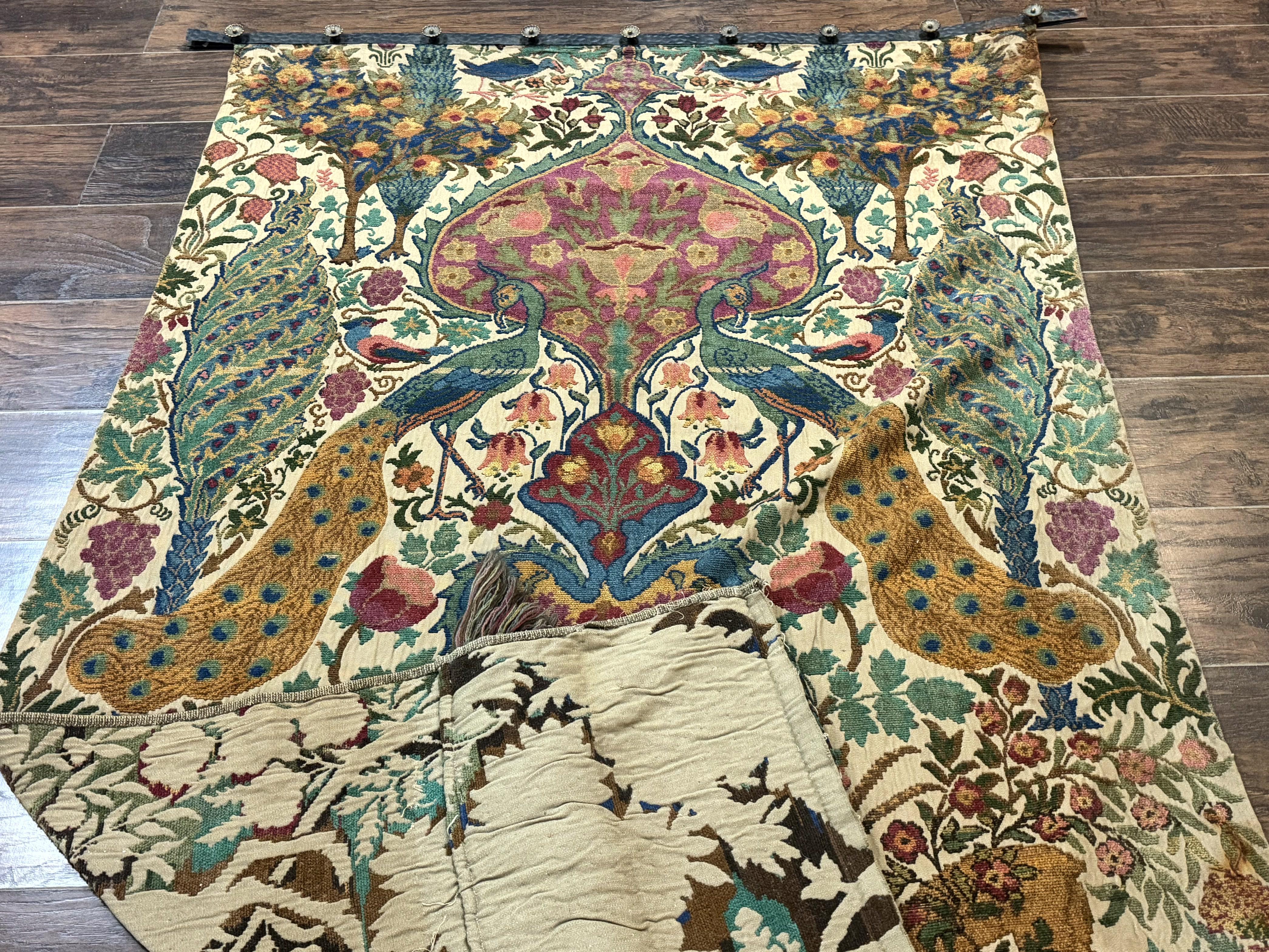 Vintage European Tapestry Wall Hanging 4x6, Peacocks, Deer Birds - Jewel Rugs