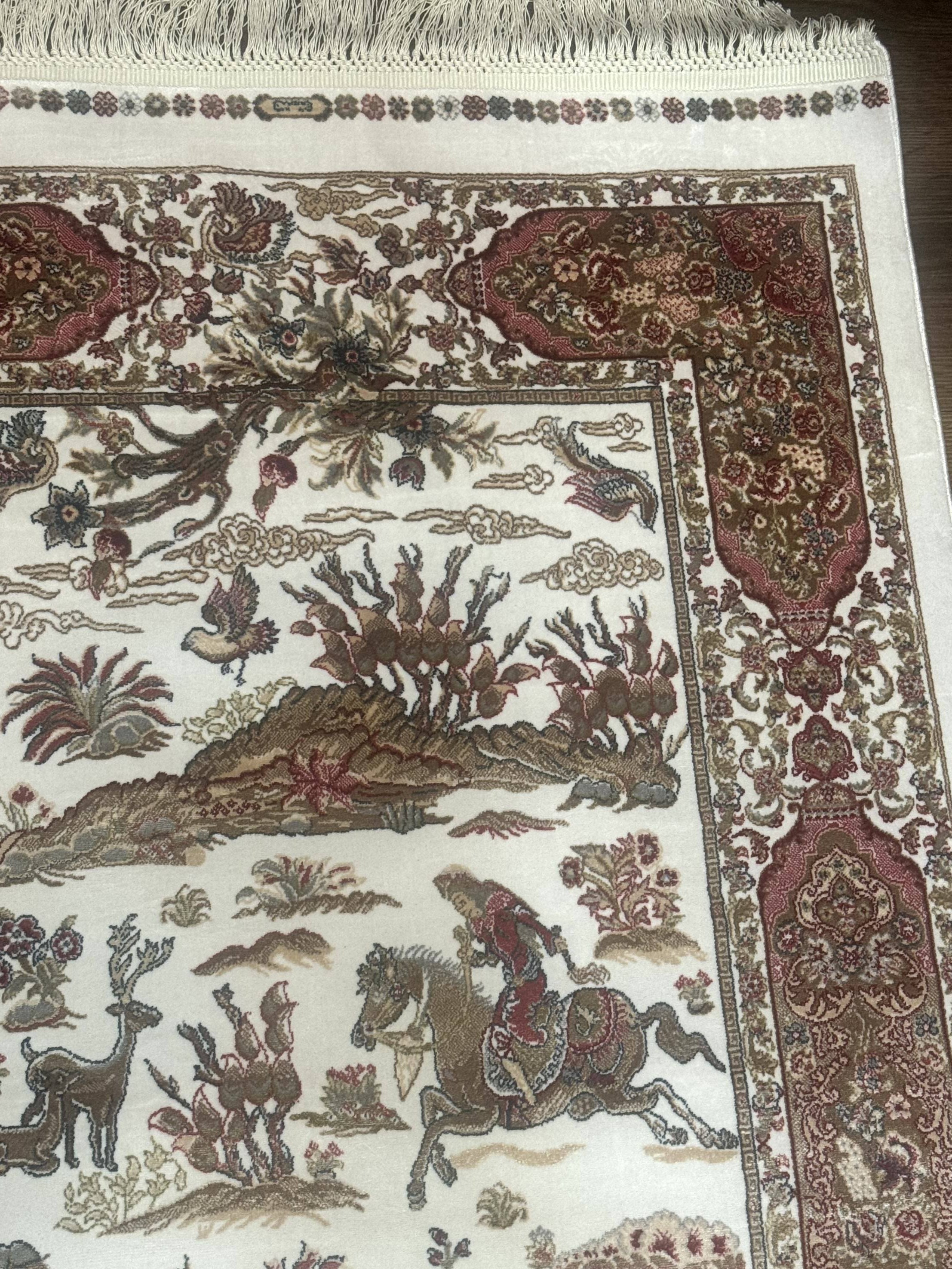 Long Turkish Silk Runner Rug 2.6 x 16.5, Hunting Design, Ivory, Bamboo Silk, New - Jewel Rugs