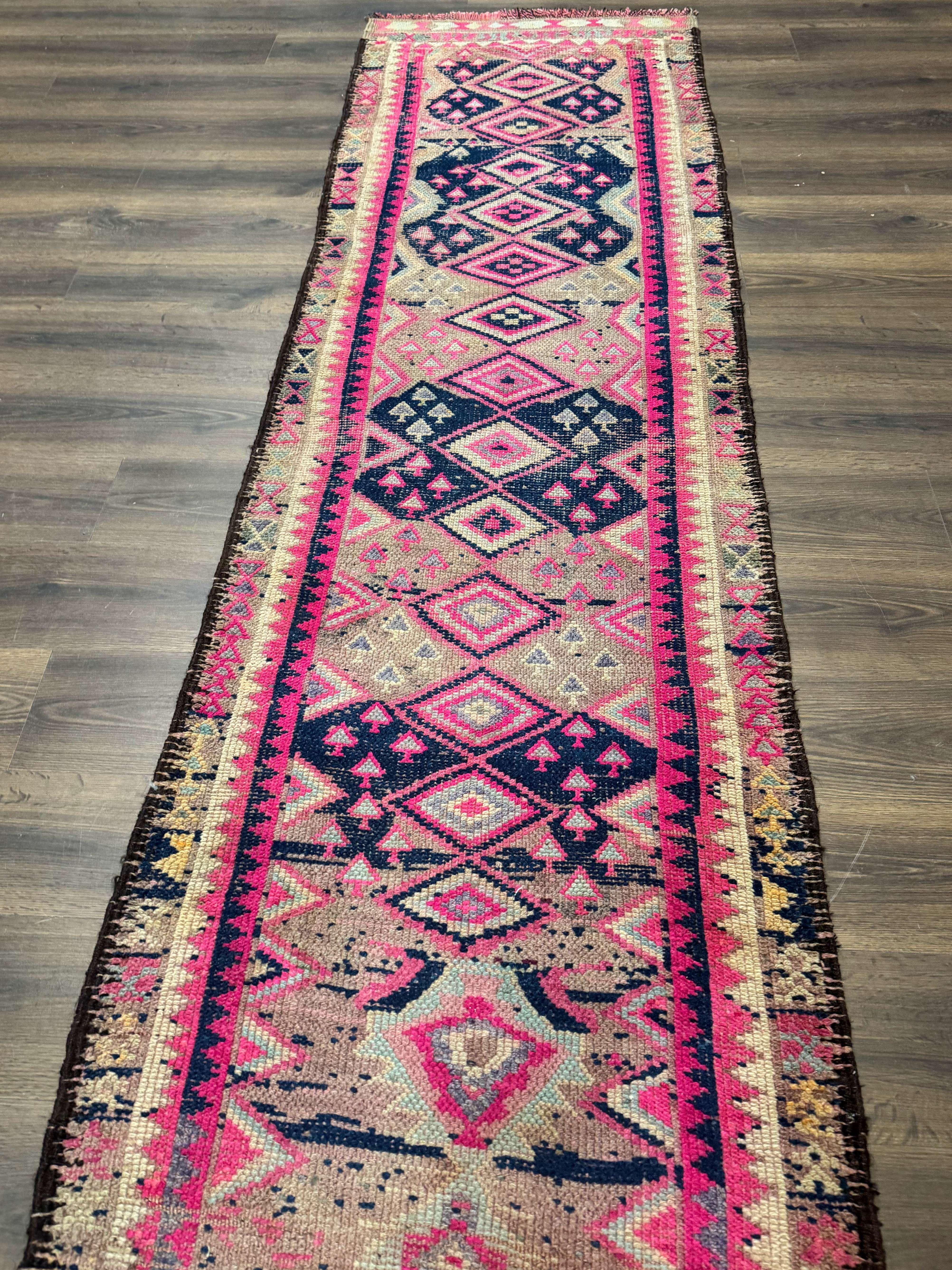 Turkish Runner Rug 3x10, Pink and Navy Blue, Bohemian Runner for Hallway or Kitchen, Vintage, Geometric, Tribal - Jewel Rugs