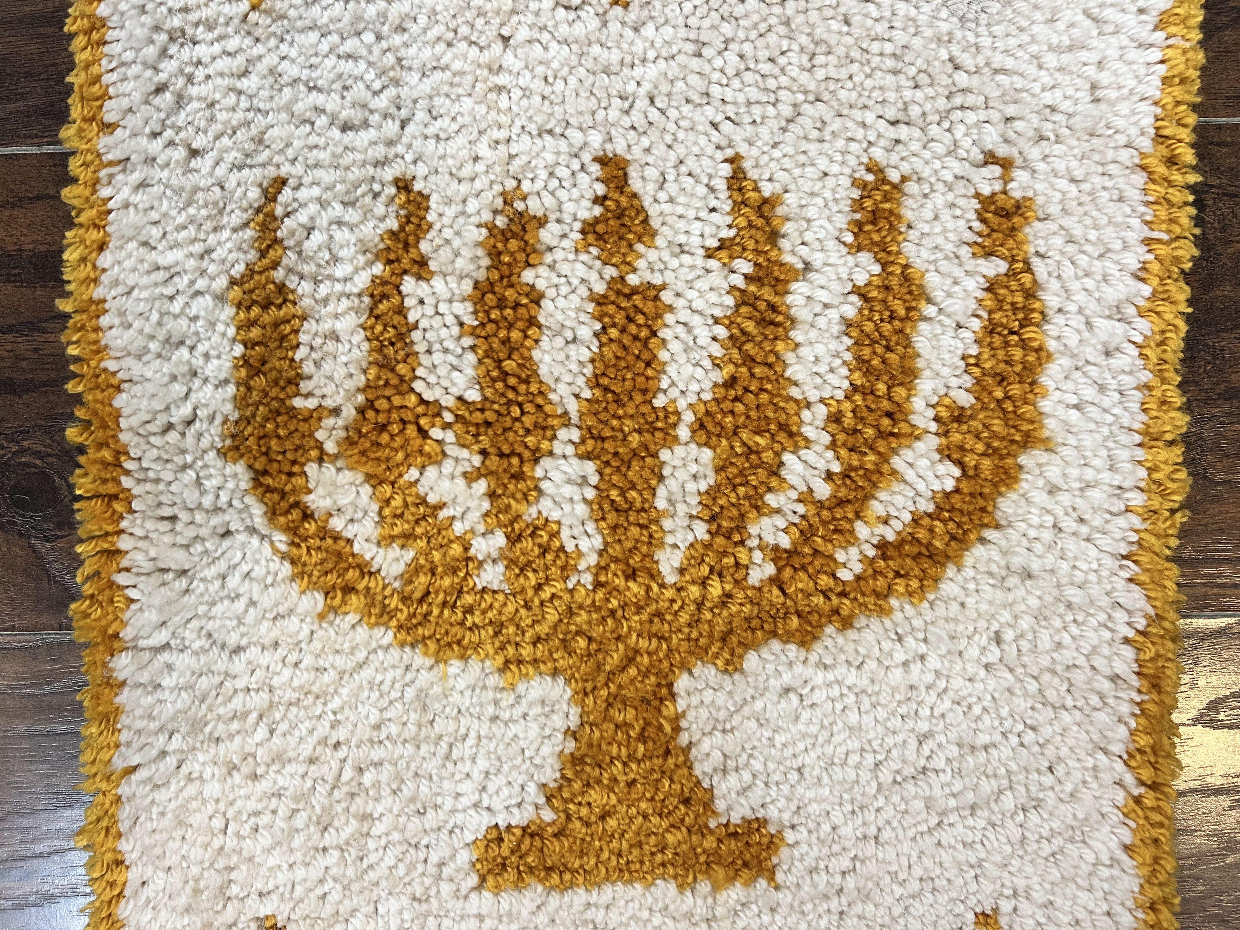 Unique Judaica Wall Hanging Rug 1.5 x 4, Shalom Menorah Jewish Star Kiddush Cup Chai Wall Hanging, Vintage, Wool, Ivory and Orange - Jewel Rugs