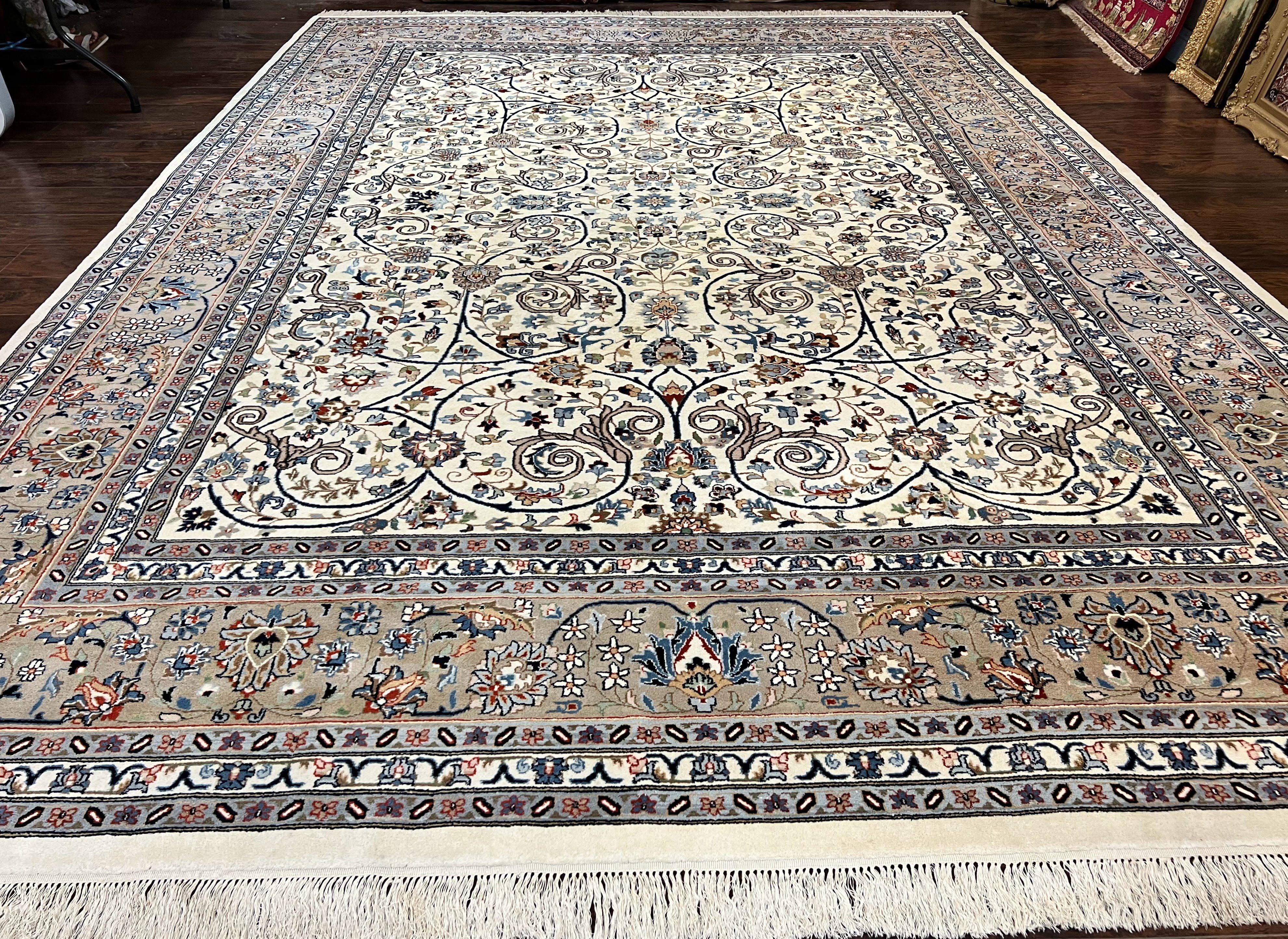 Indo Persian Rug 10x14, Floral Allover Pattern, Handmade Vintage Wool Carpet, Ivory/Cream - Jewel Rugs