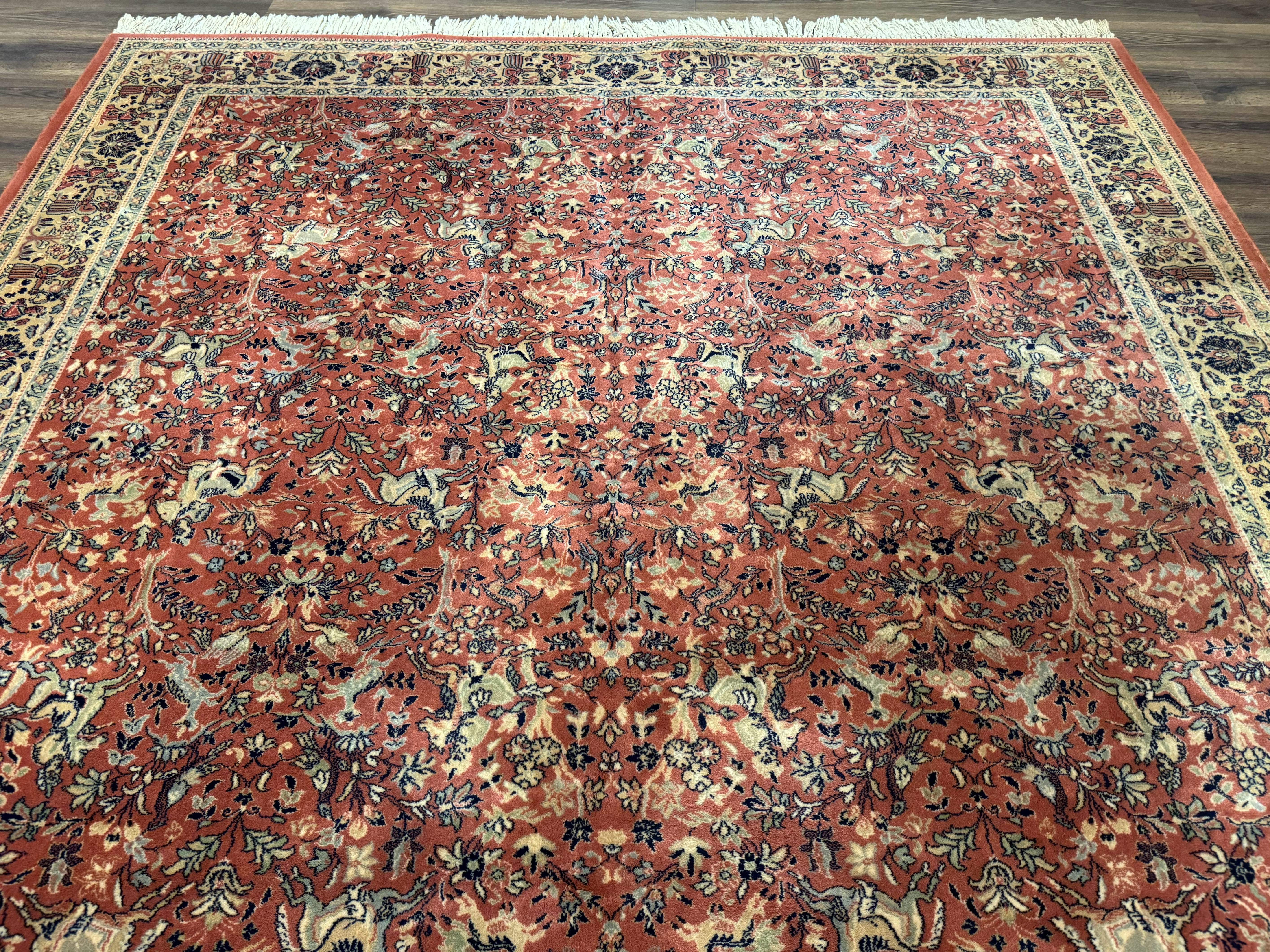 Persian Area Rug 8 x 11.6, Wool, Royal Hunting Scene, Vintage Couristan Rug, Red, Allover Pattern, Belgium Power Loomed - Jewel Rugs