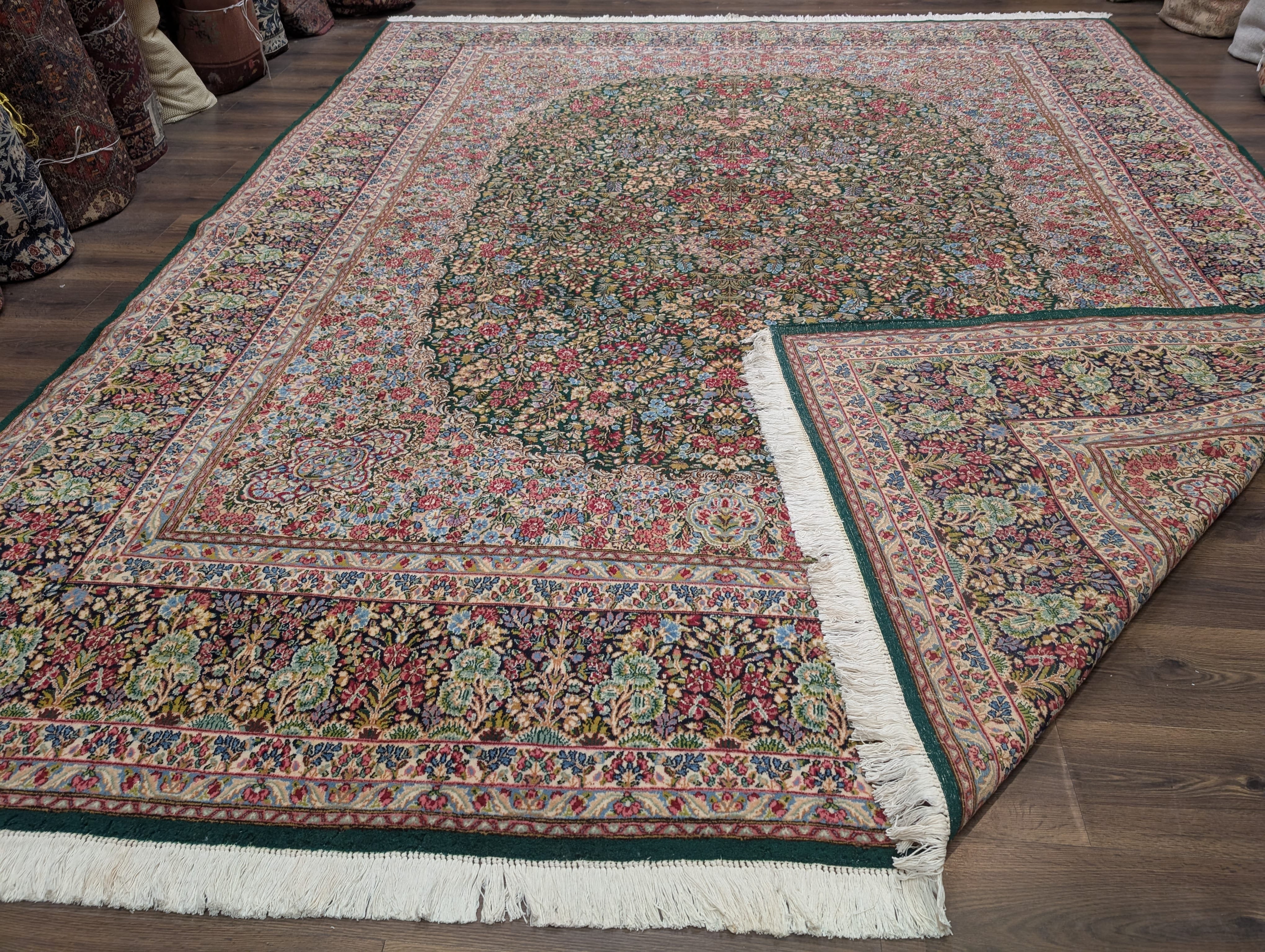 Persian Kirman Rug 10x12, Millefleur, Hand-Knotted Wool Carpet, Dark Green Multicolor - Jewel Rugs