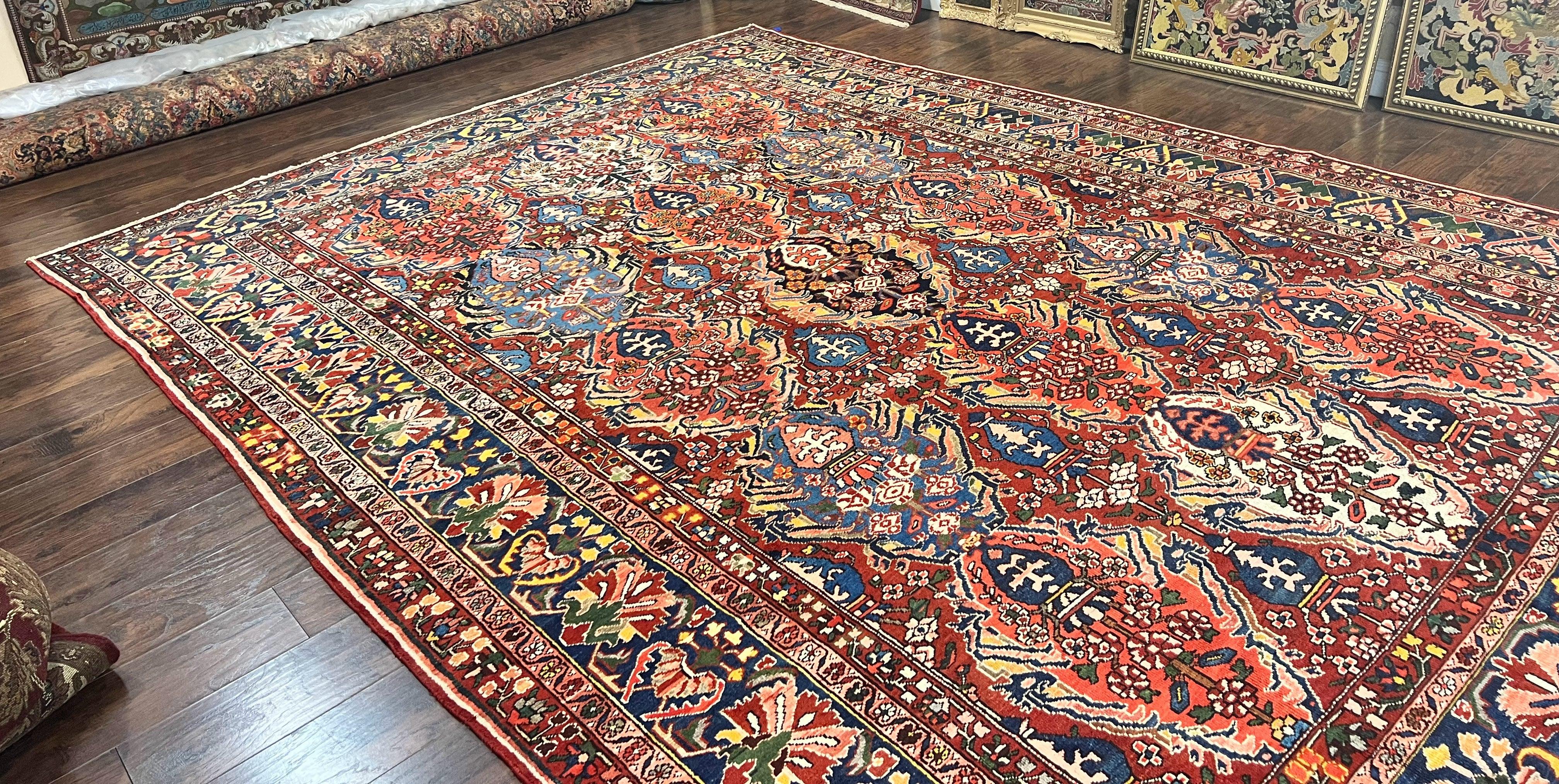 Large Persian Bakhtiari Rug 10x14, Rare Perisan Tribal Rug, Red Blue Ivory Multicolor, Hand Knotted, Semi Antique Carpet - Jewel Rugs