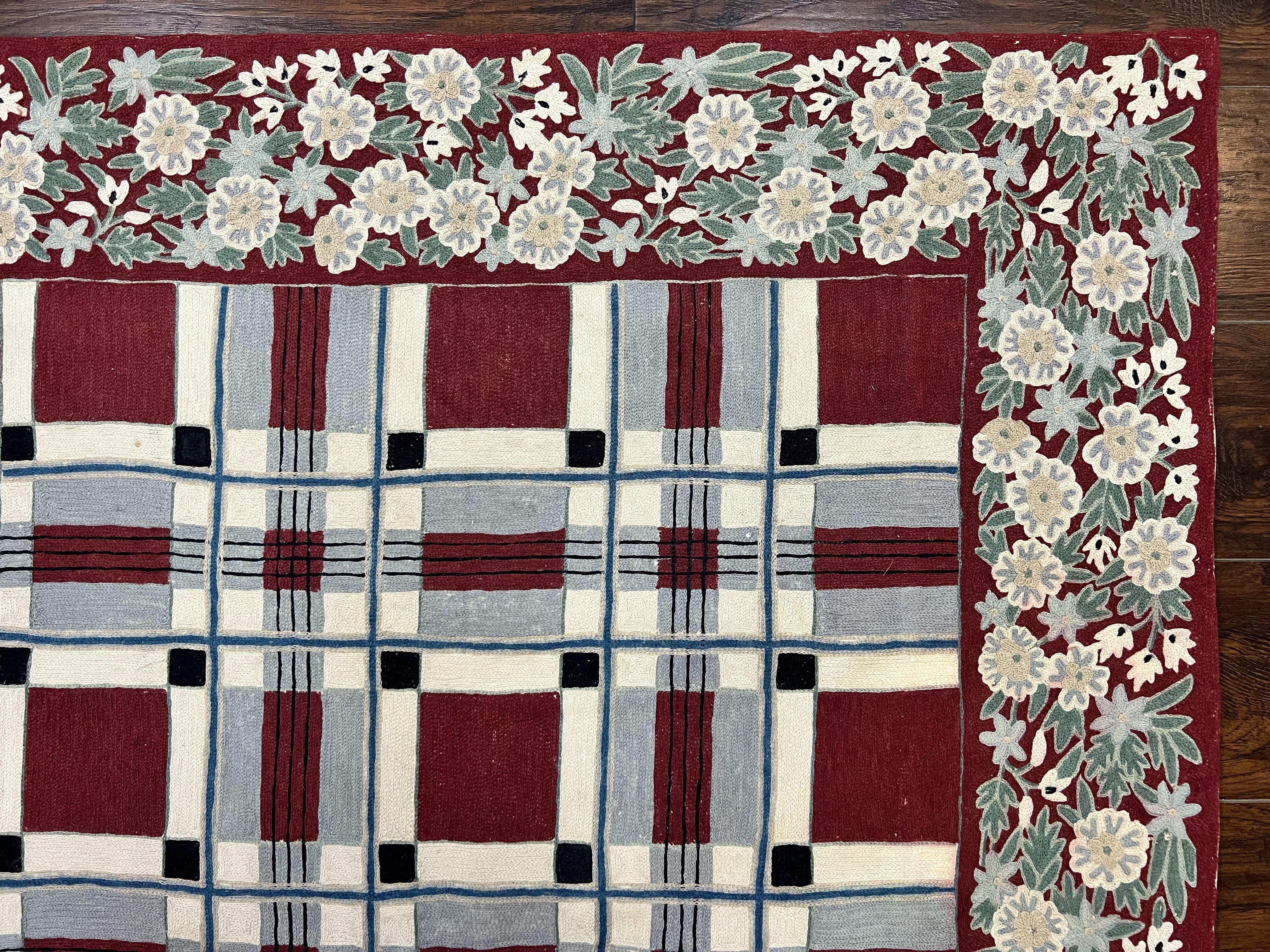 Indian Hand Stitched Rug 4x6, Vintage Carpet, Checkerboard Floral Pattern, Maroon Ivory, Flatweave, Wool - Jewel Rugs