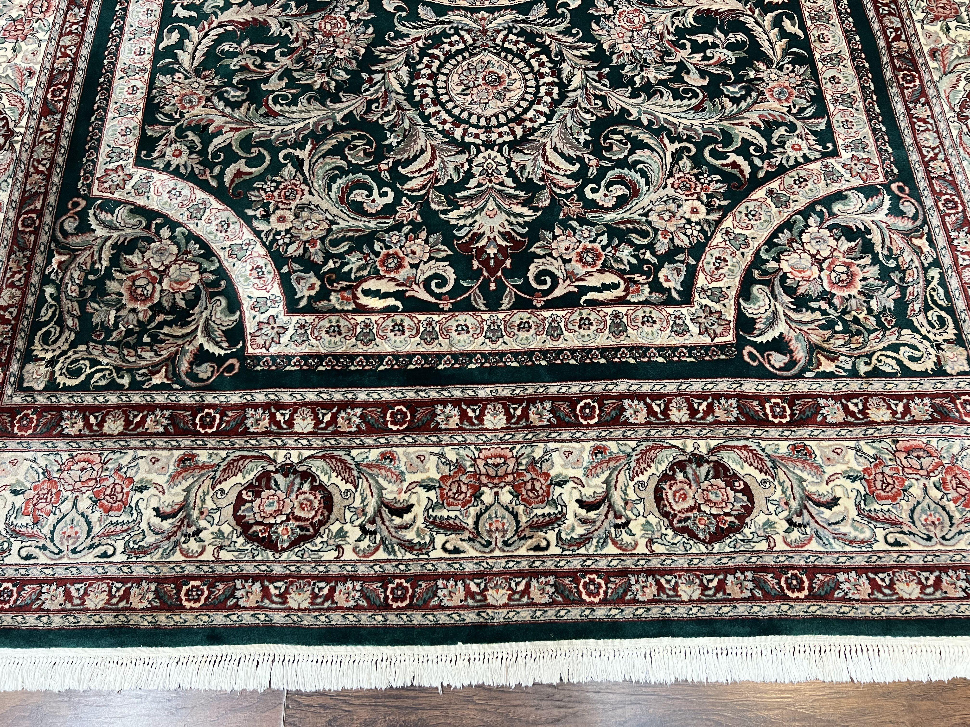 Pak Persian Rug 9x12, Dark Green and Cream, Floral Medallion, Elegant Handmade Wool Carpet 9 x 12 - Jewel Rugs