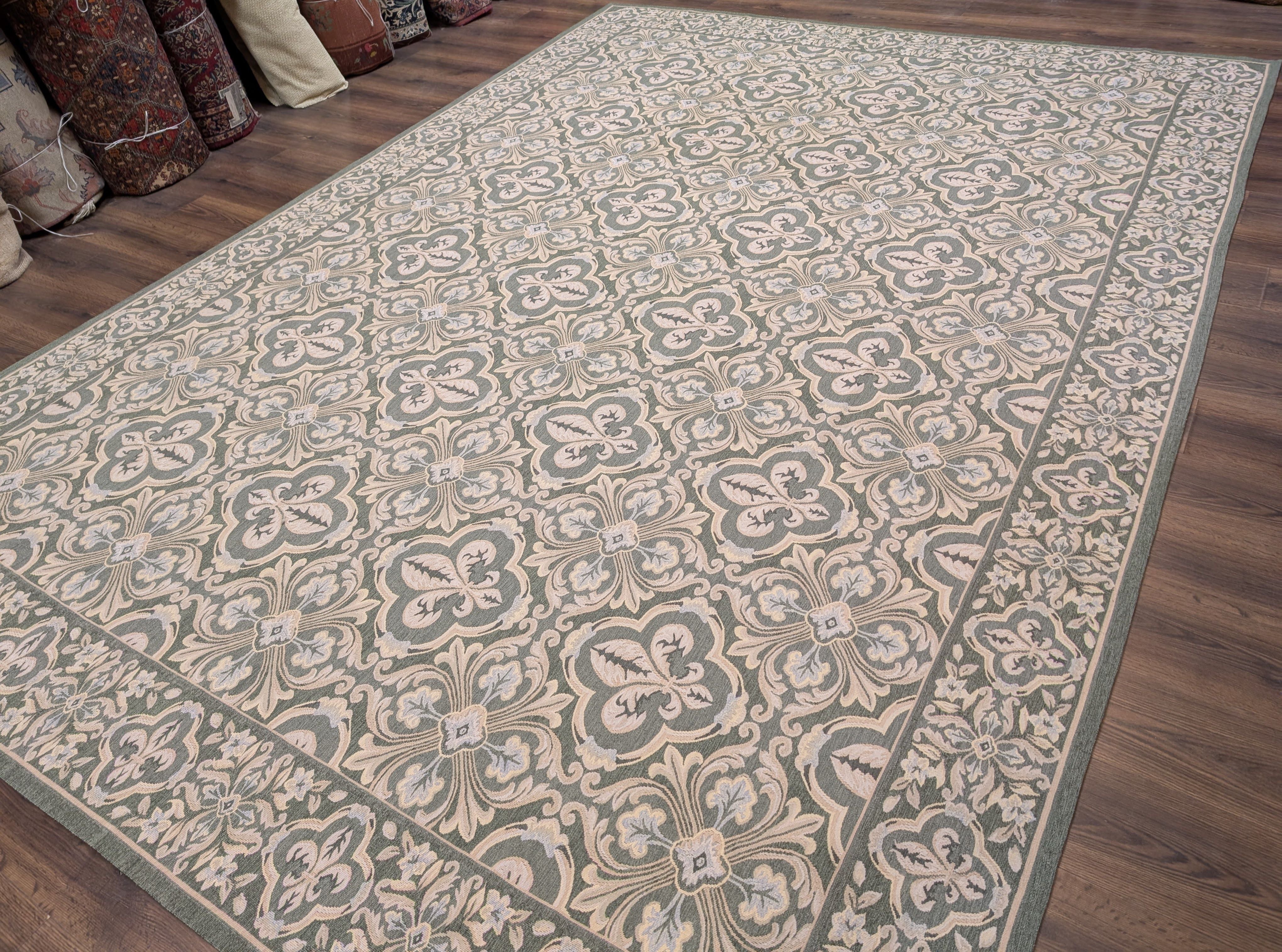 Green Aubusson Rug 9x12, European Design, Wool - Jewel Rugs