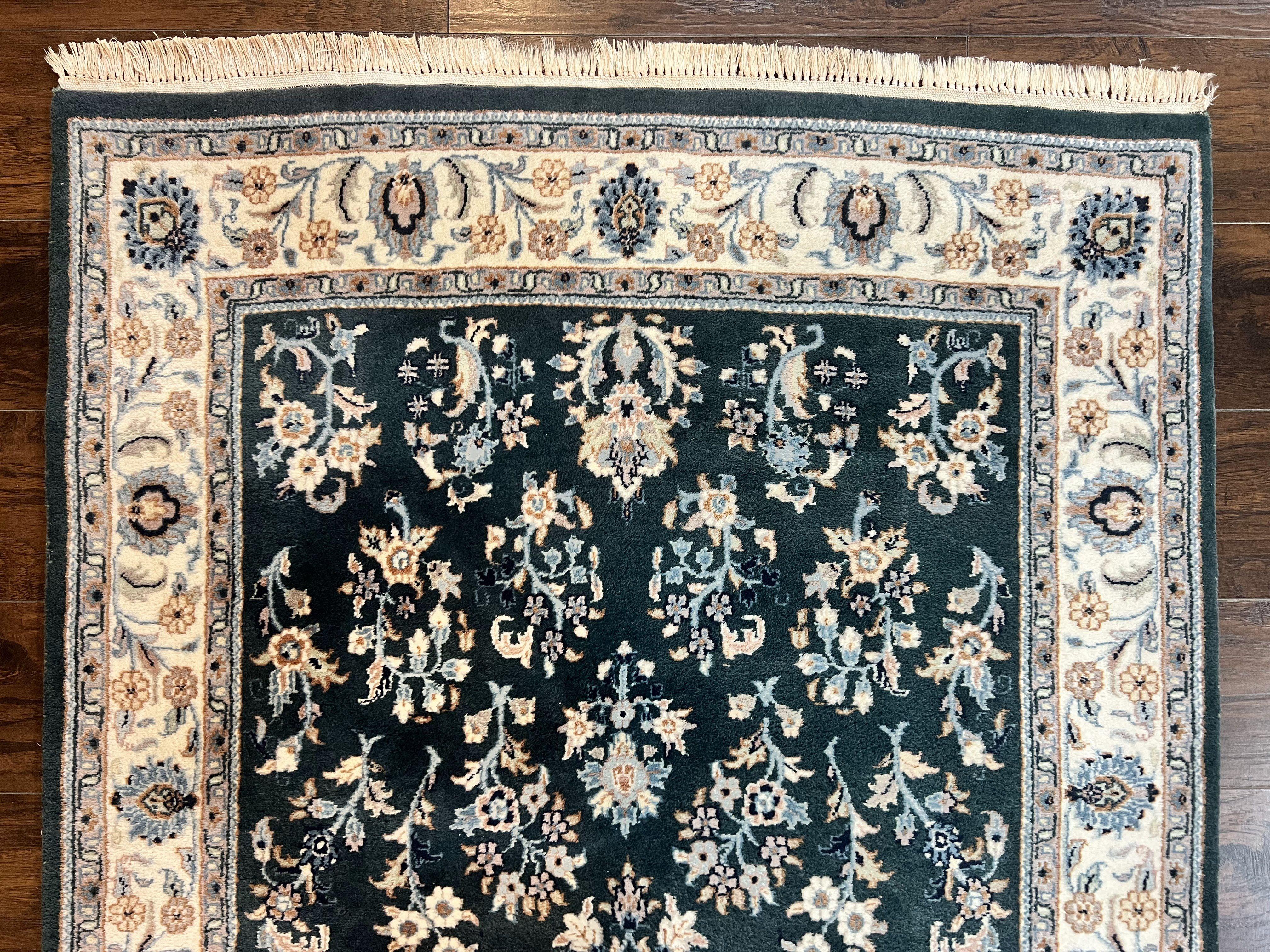 Green Indo Persian Rug 4x6, Floral Allover, Handmade Vintage Oriental Carpet, Sarouk Rug, Wool - Jewel Rugs