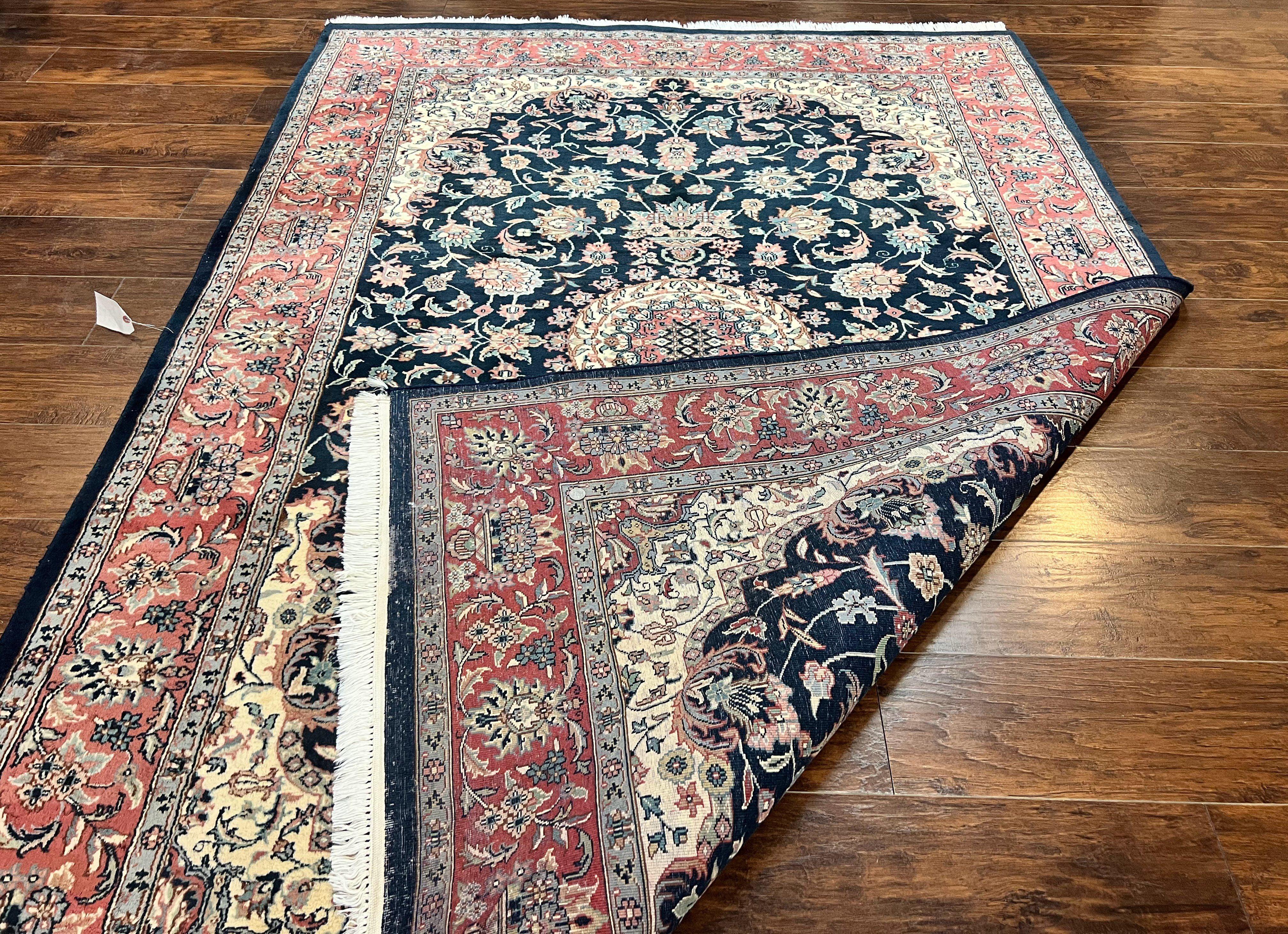 Pak Persian Rug, Floral Medallion, Dark Blue & Rose, Traditional Oriental Carpet, Handmade Wool Vintage Medium Size Rug - Jewel Rugs