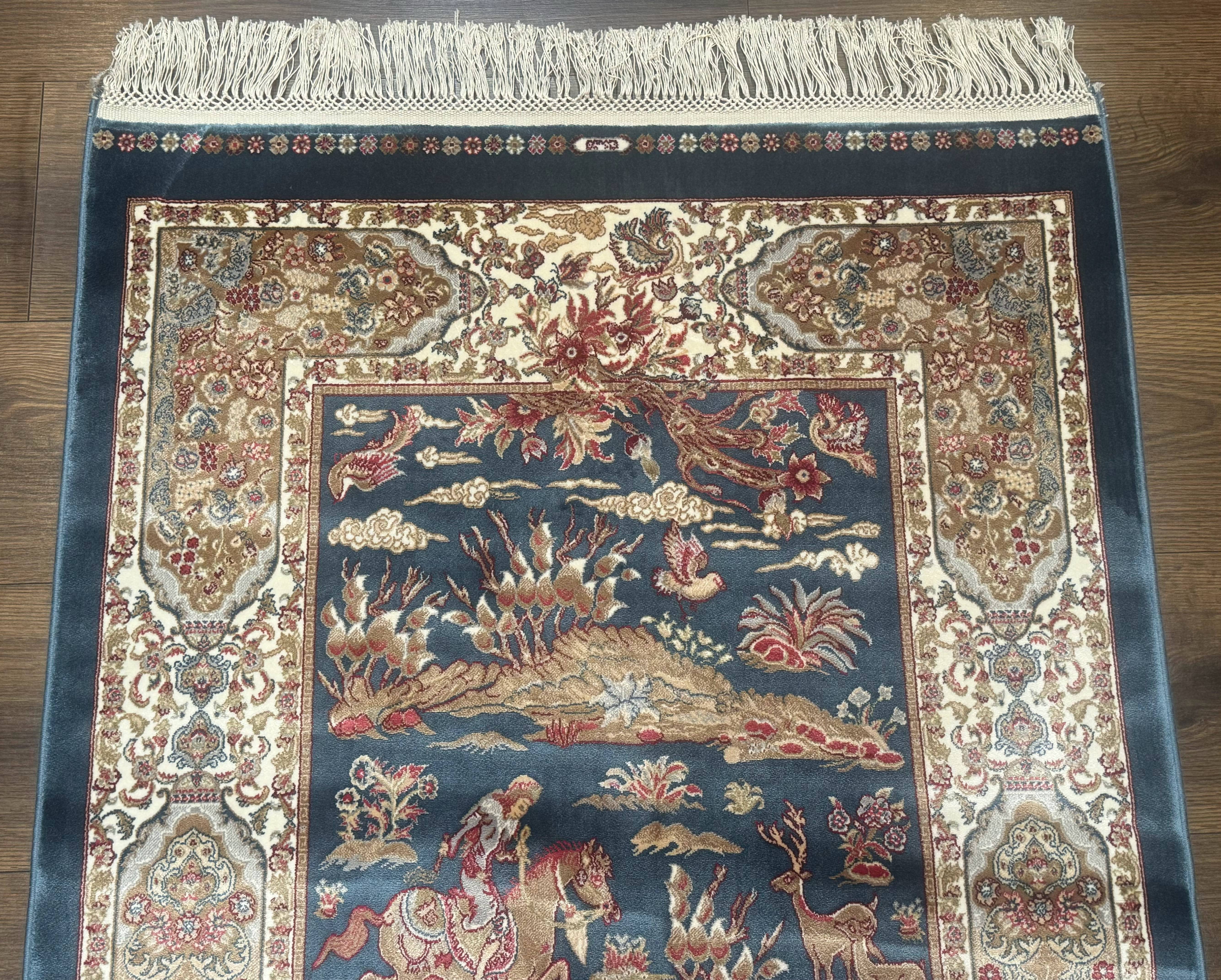 Turkish Silk Hunting Scene Rug 2.6 x 5, Dark Steel Blue & Ivory, Bamboo Silk, New - Jewel Rugs