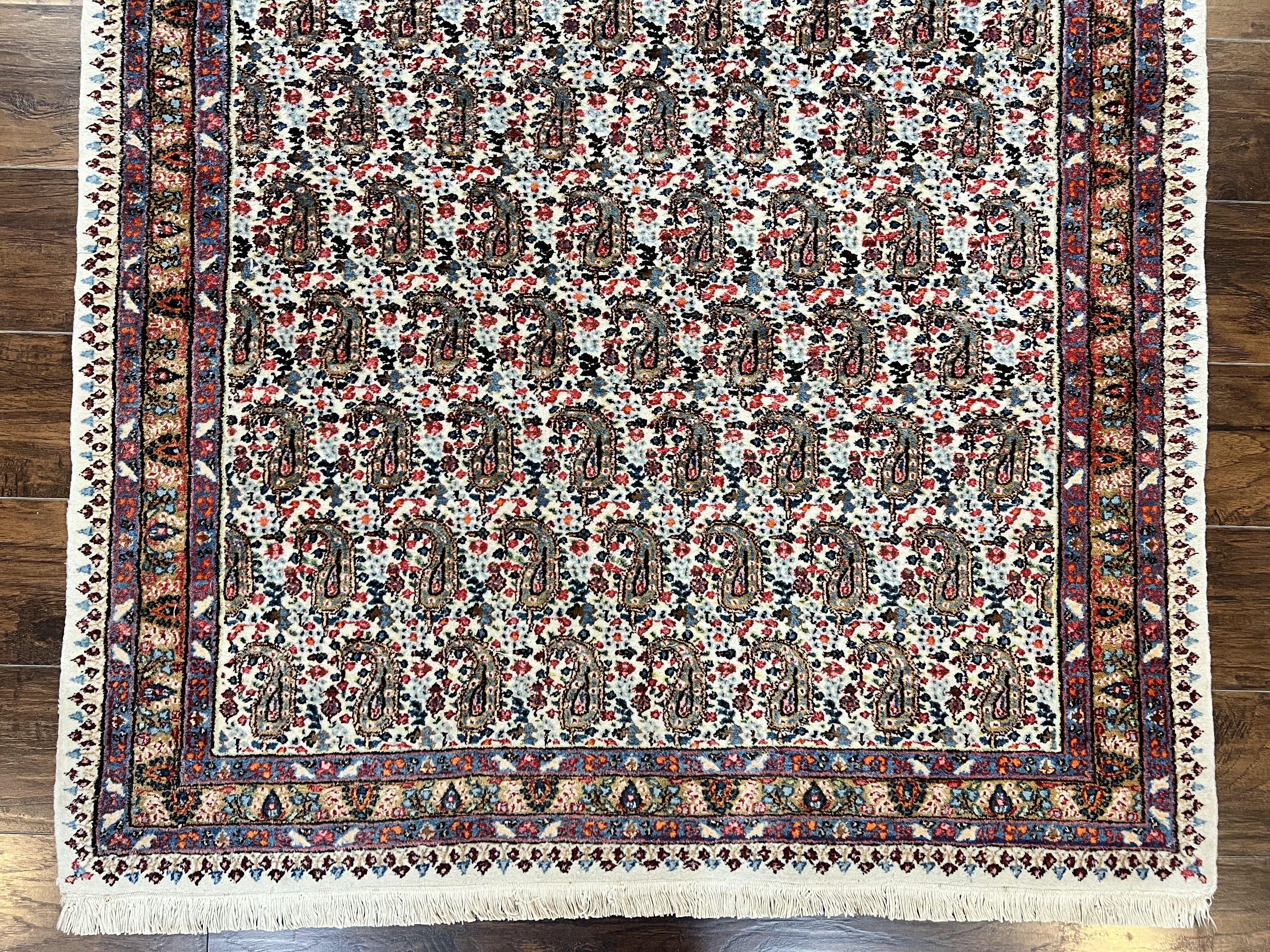 Persian Rug 4x6, Mashad Kashmar Rug, Boteh Paisley Design, Allover Repeated Pattern, Ivory Hand Knotted Vintage Semi Antique Persian Oriental Carpet - Jewel Rugs