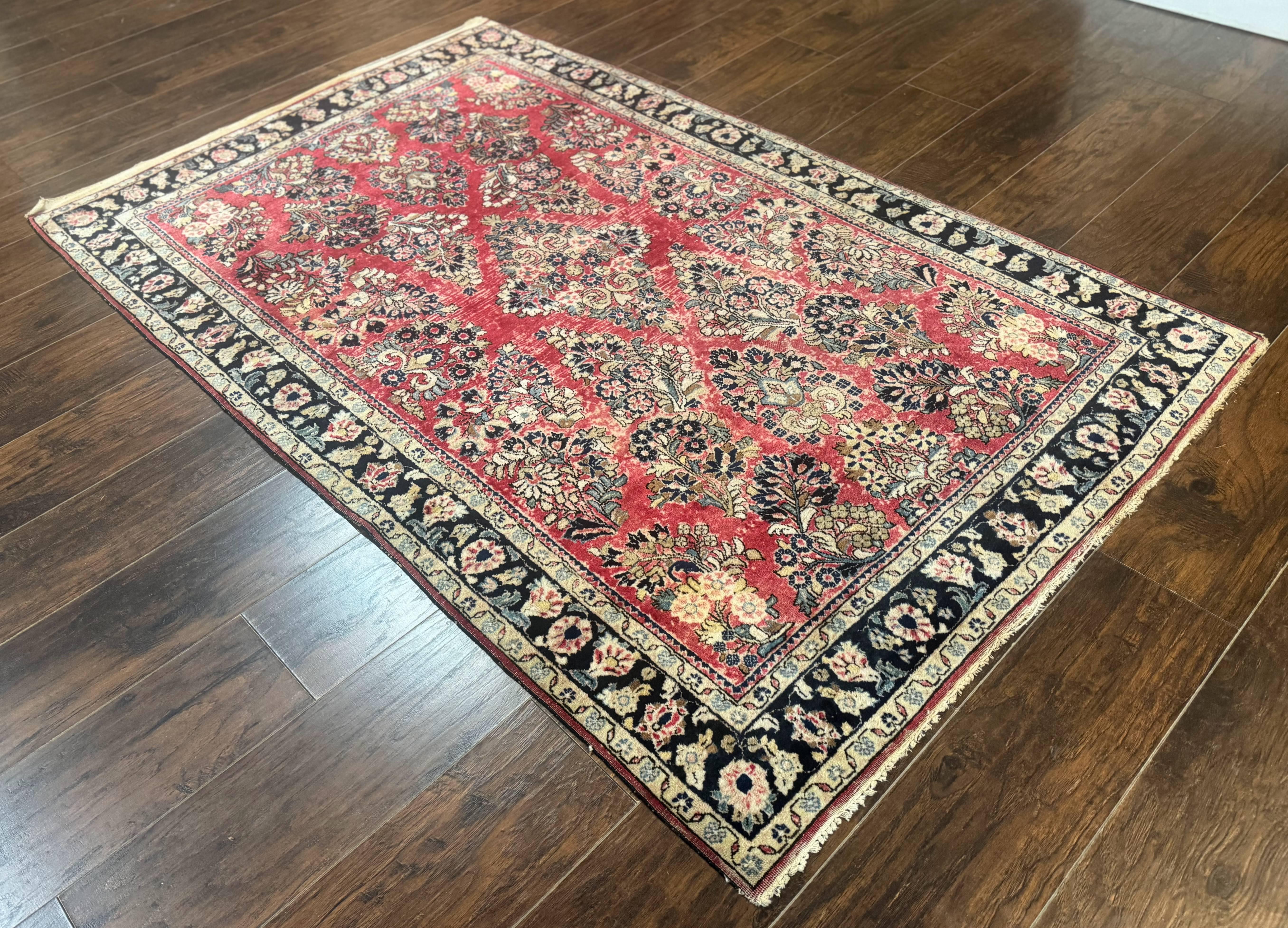 Antique Persian Sarouk Rug 4x7, Floral, Red 1920s Persian Wool Carpet - Jewel Rugs