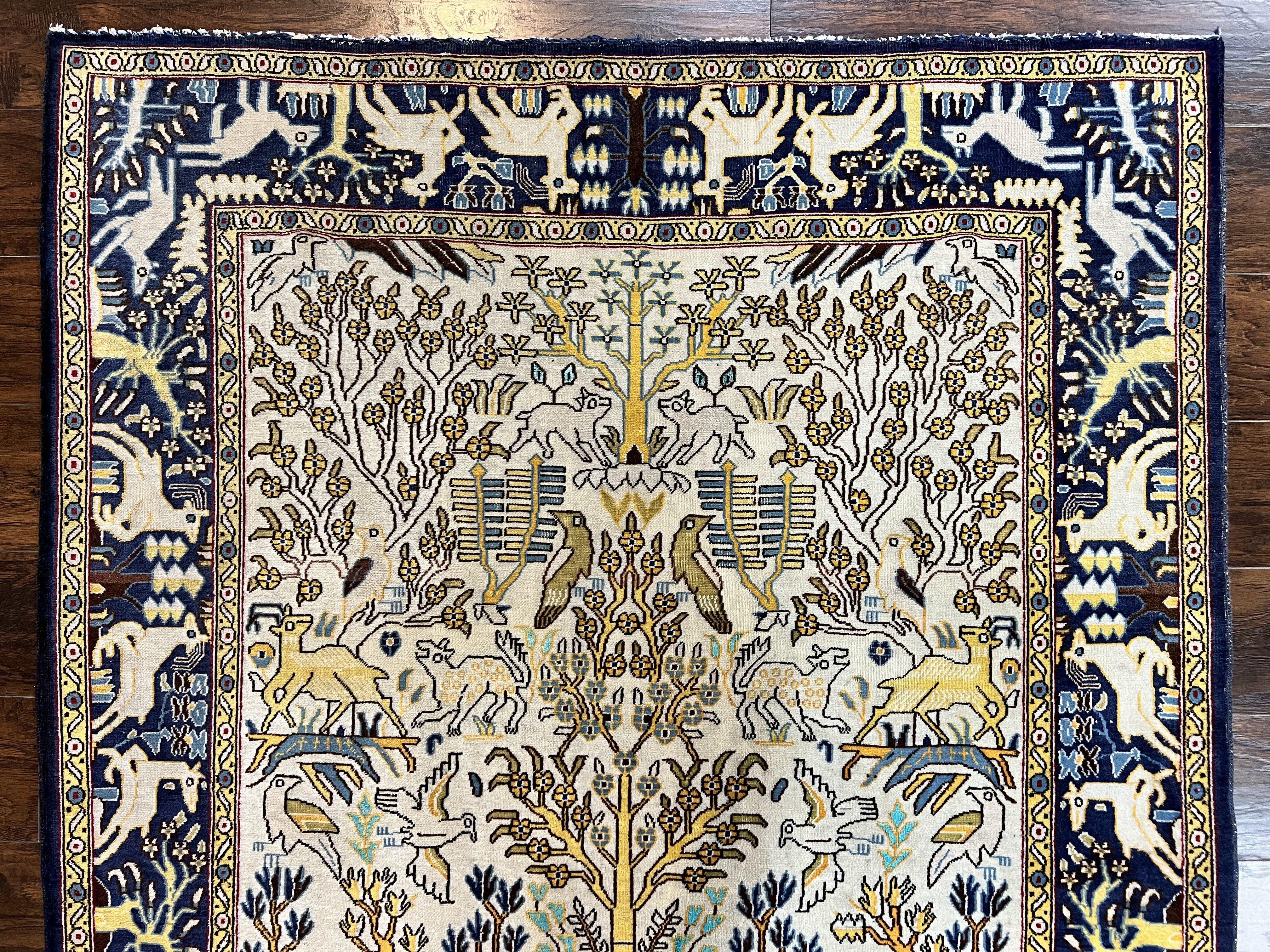 Persian Tree of Life Rug 5x9, Qum Rug, Animal Motifs Deer Birds, Cream and Navy Blue, Semi Antique Vintage Handmade Carpet, Wool & Silk Highlights - Jewel Rugs