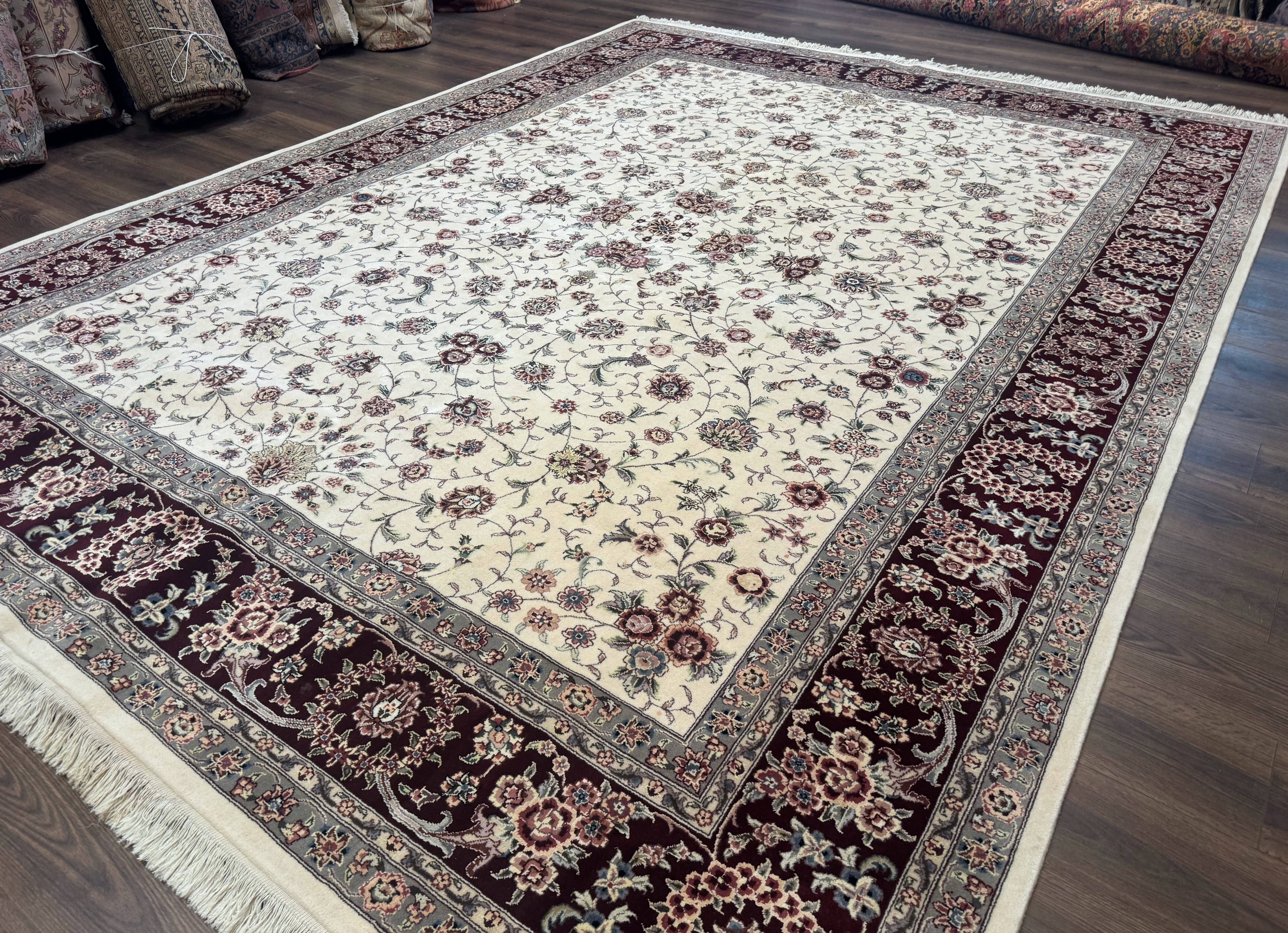 Sino Persian Rug 9x12, Floral Allover Design, 170 KPSI, Ivory and Dark Maroon - Jewel Rugs