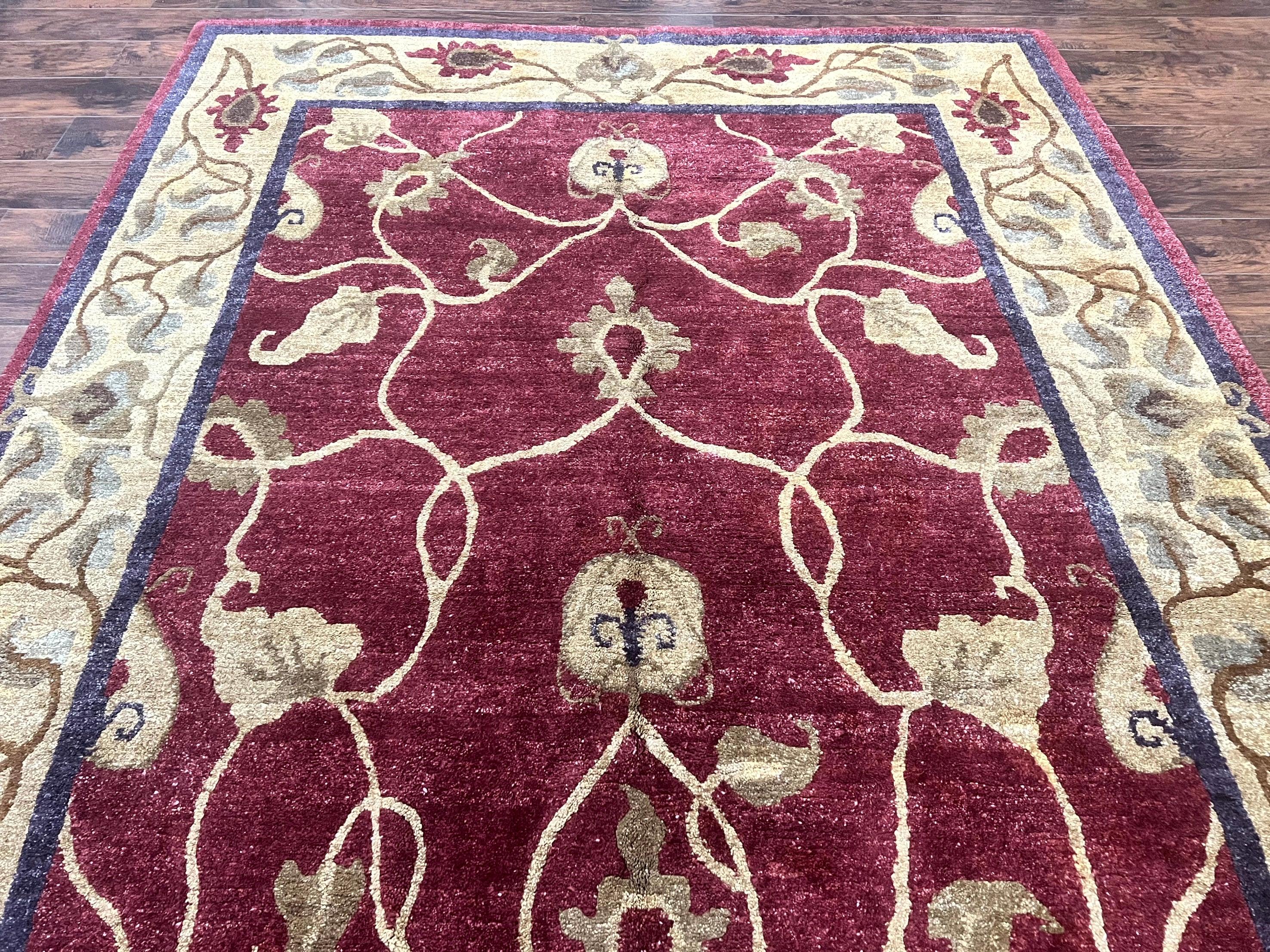 Tibetan Aubusson Rug 8x10, Maroon and Beige, Floral, Handmade, Wool, Vintage, Traditional Rug - Jewel Rugs