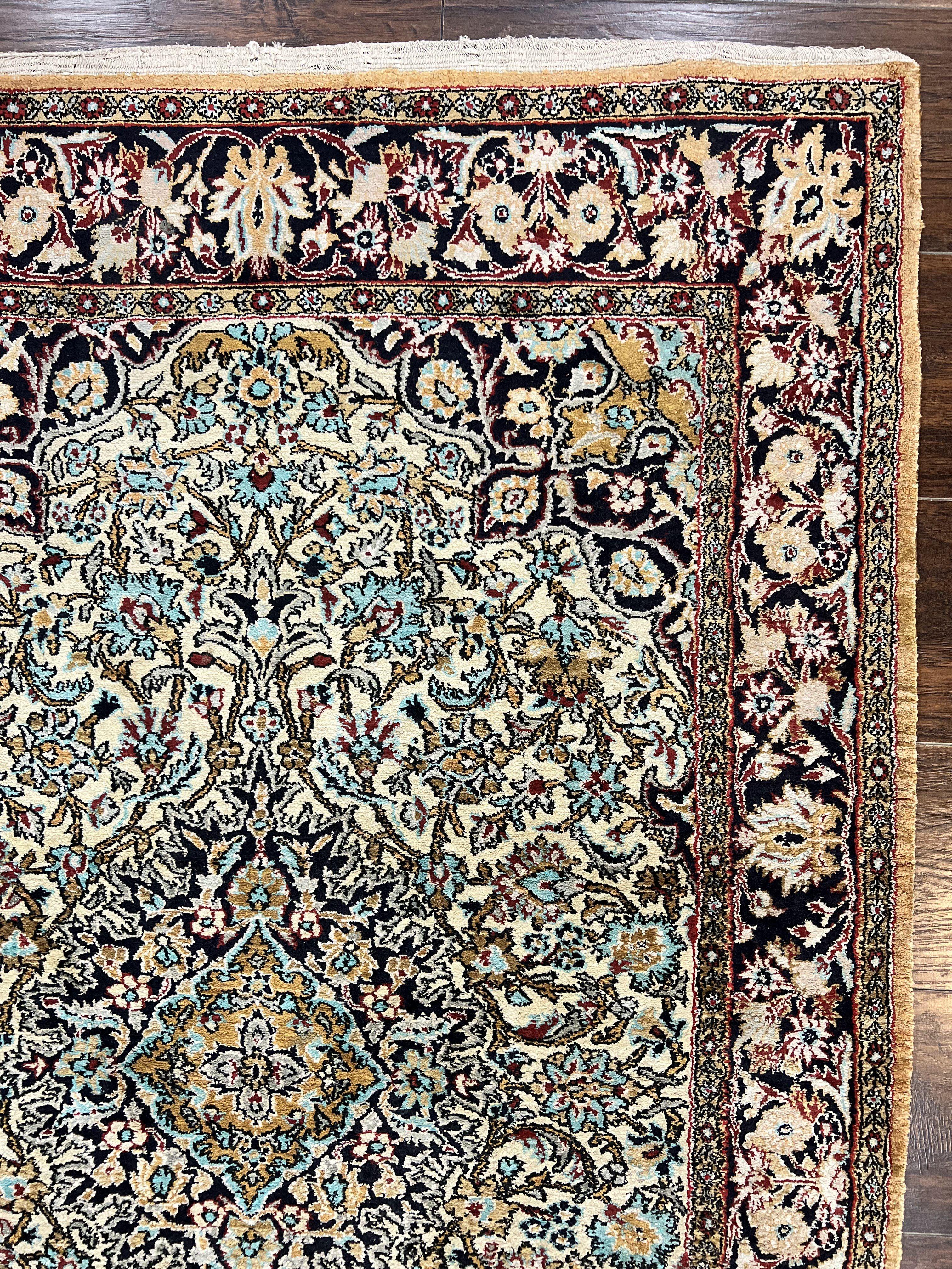 Silk Persian Qum Rug 4x5, Hand Knotted Vintage Carpet, Cream & Navy Blue, Silk Pile on Silk Foundation, Very Fine 360 KPSI - Jewel Rugs