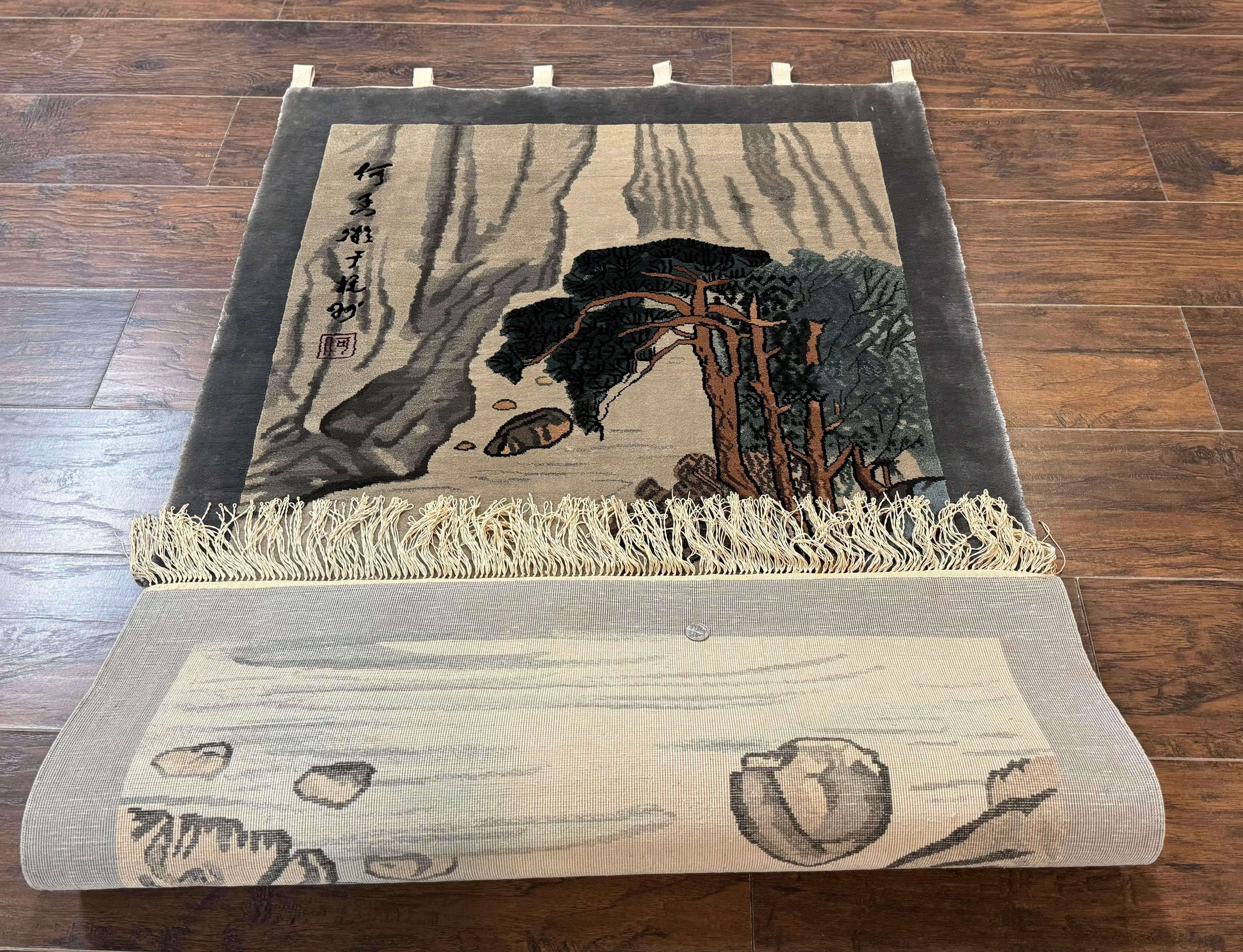 Chinese Silk Wall Hanging 3x5, Handmade, River and Boat Scene, Rug Tapestry - Jewel Rugs