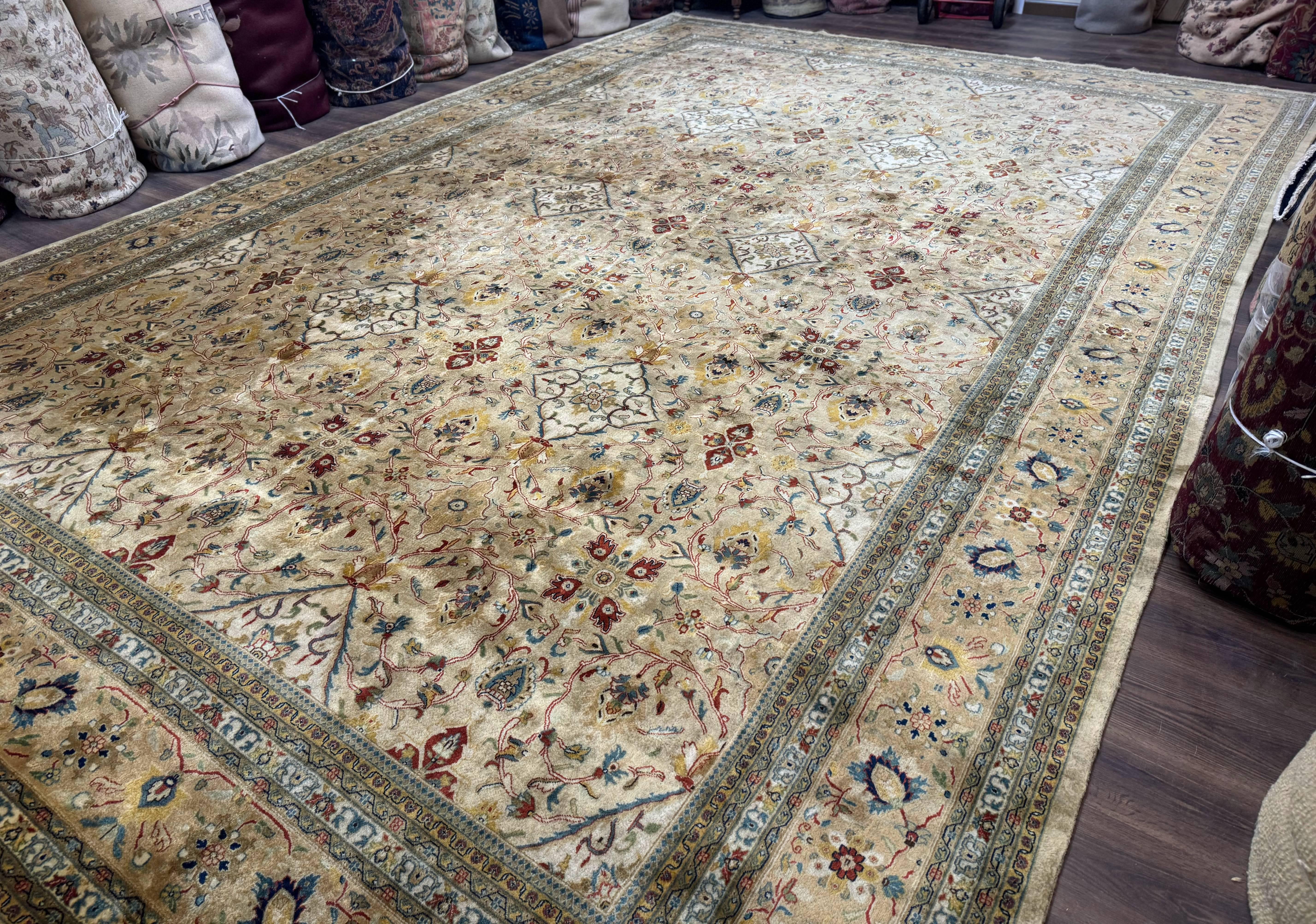 Palace Sized Indo Persian Tabriz Rug 12x18, Tan, Hand Knotted Handmade Oversized Wool Area Rug, Allover Pattern, Fine 225 KPSI - Jewel Rugs