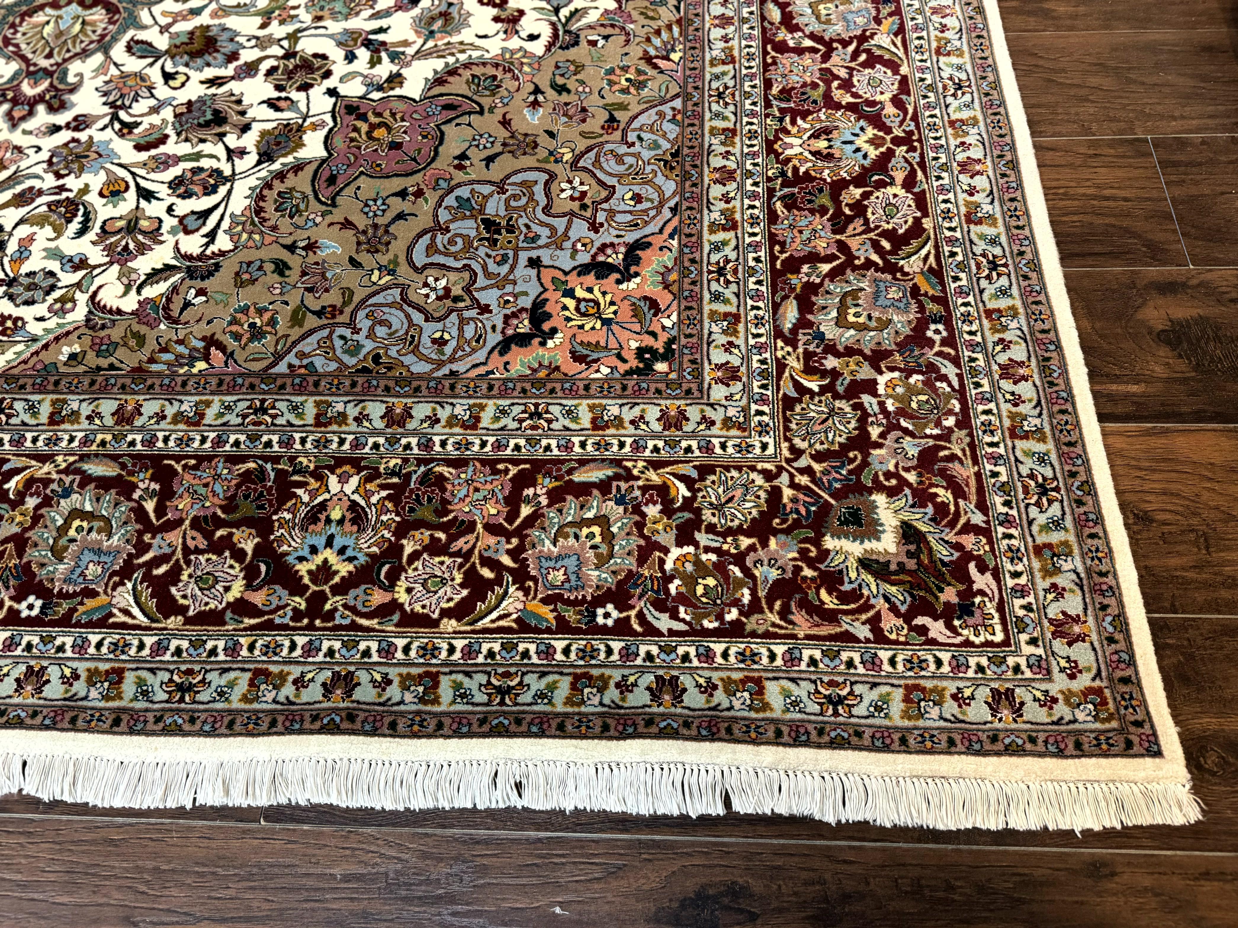 Persian Tabriz Rug 8x11, Floral Medallion Traditional Area Rug, Fine 300 KPSI, Ivory Maroon - Jewel Rugs