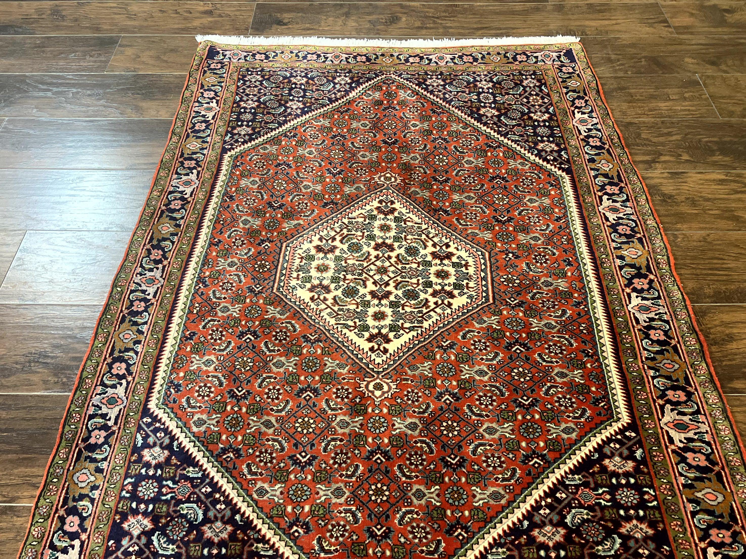 Persian Bidjar Rug 4x5, Finely Hand Knotted Vintage Carpet, Red and Navy Blue, Handmade Wool Rug, 180 KPSI - Jewel Rugs