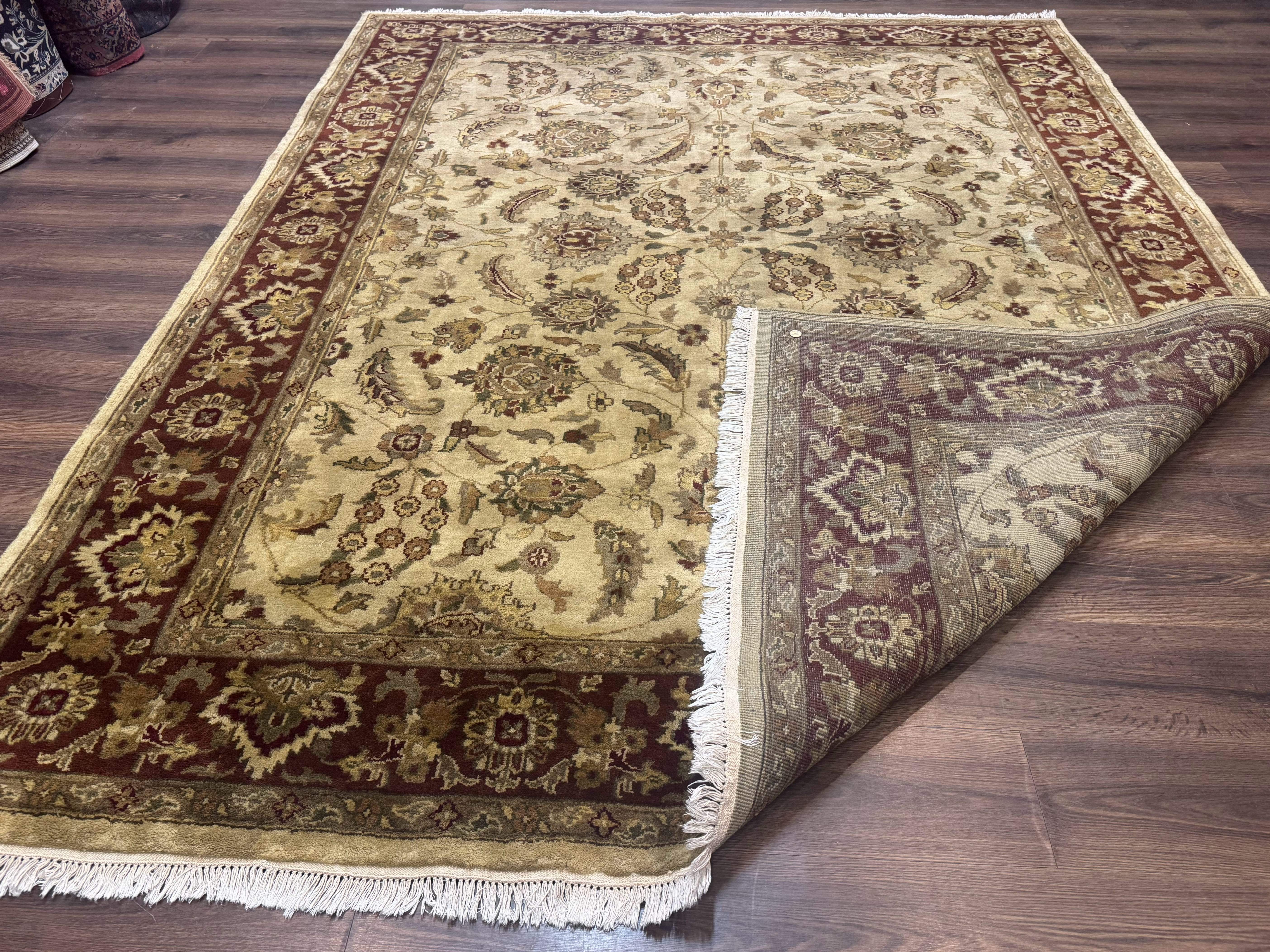 Indo Persian Mahal Rug 8x10 – Beige and Maroon, Hand-Knotted Wool Carpet - Jewel Rugs