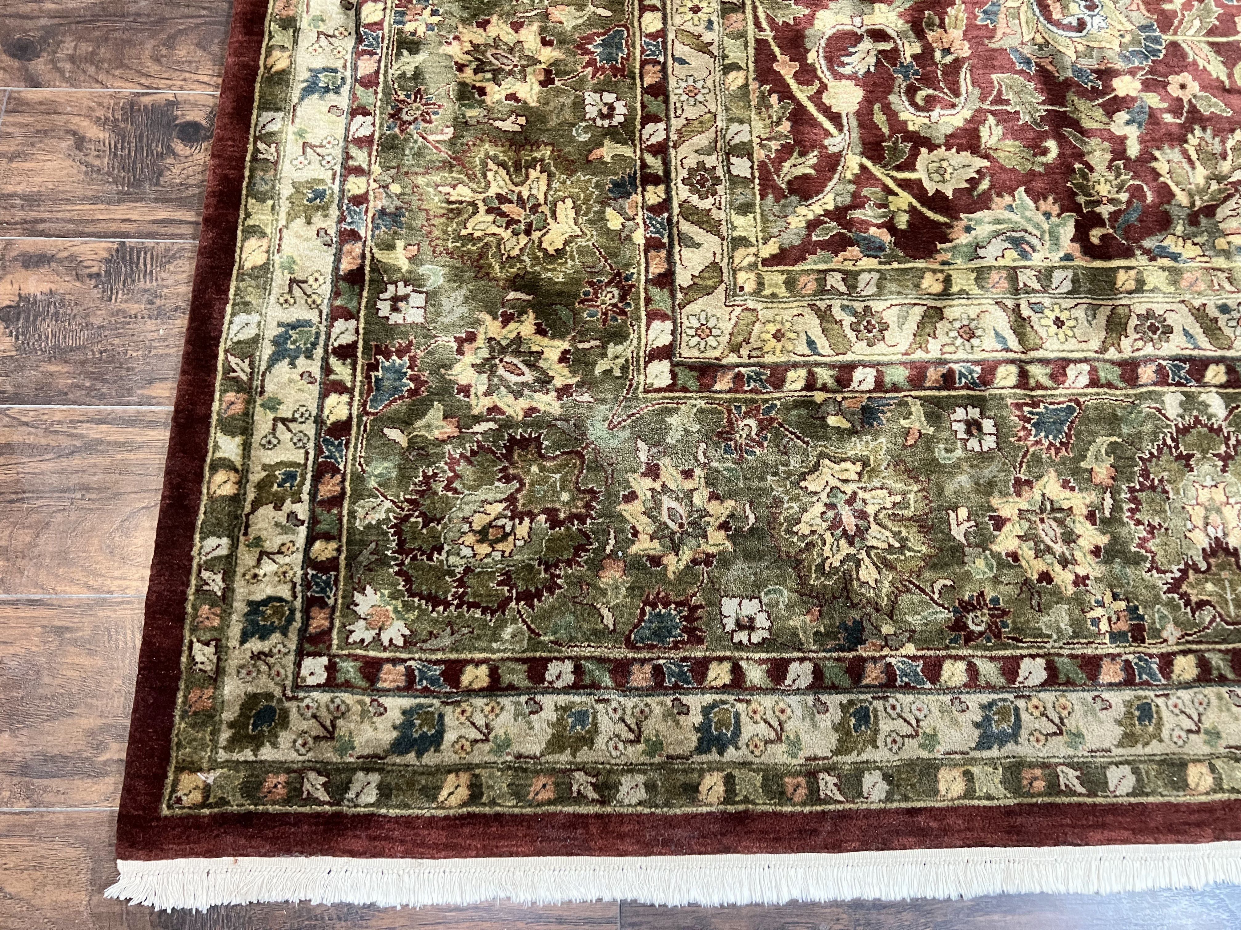 Indian Agra Rug 12x15, Oversized Extra Large Wool Hand Knotted Vintage Oriental Carpet, Burgundy & Olive Green, Floral Allover Rug 12 x 15 - Jewel Rugs