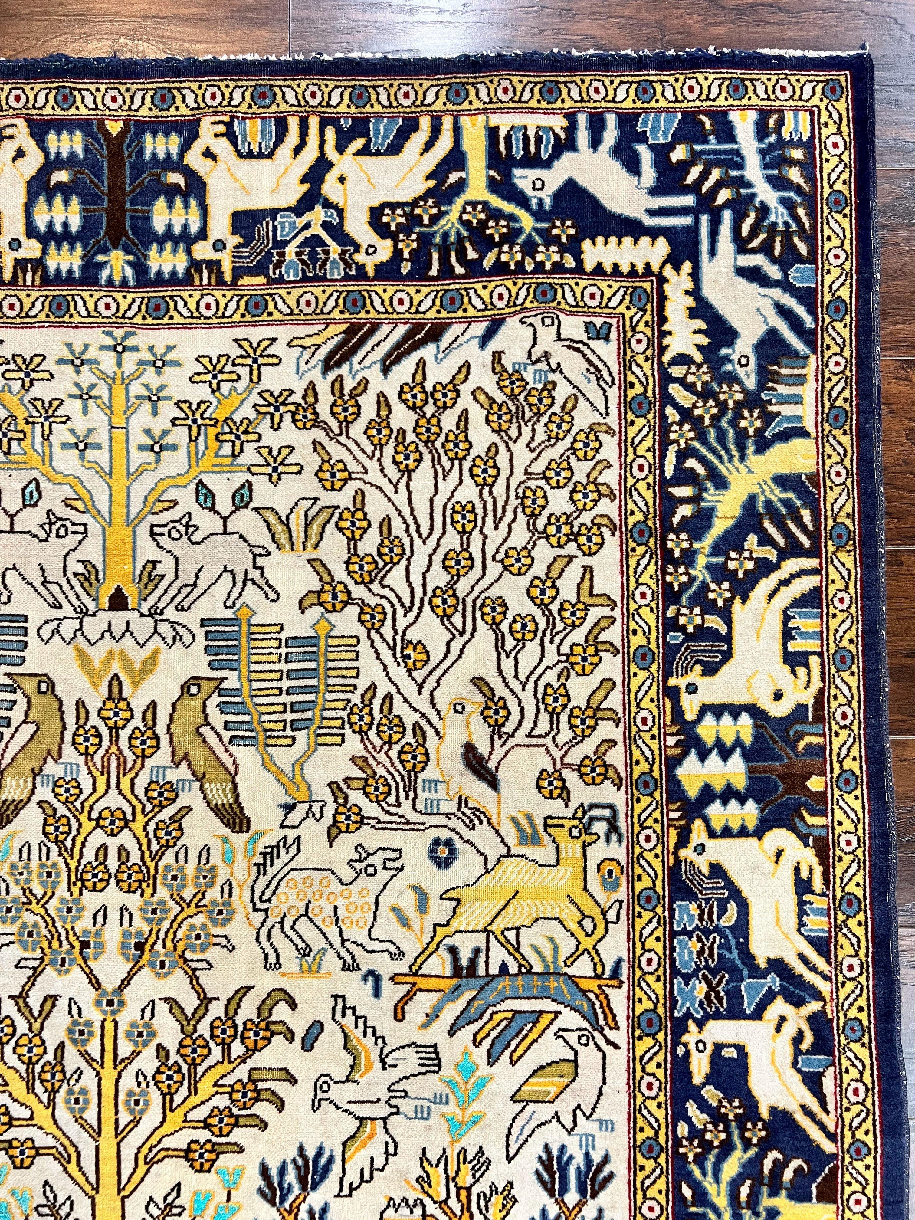 Persian Tree of Life Rug 5x9, Qum Rug, Animal Motifs Deer Birds, Cream and Navy Blue, Semi Antique Vintage Handmade Carpet, Wool & Silk Highlights - Jewel Rugs