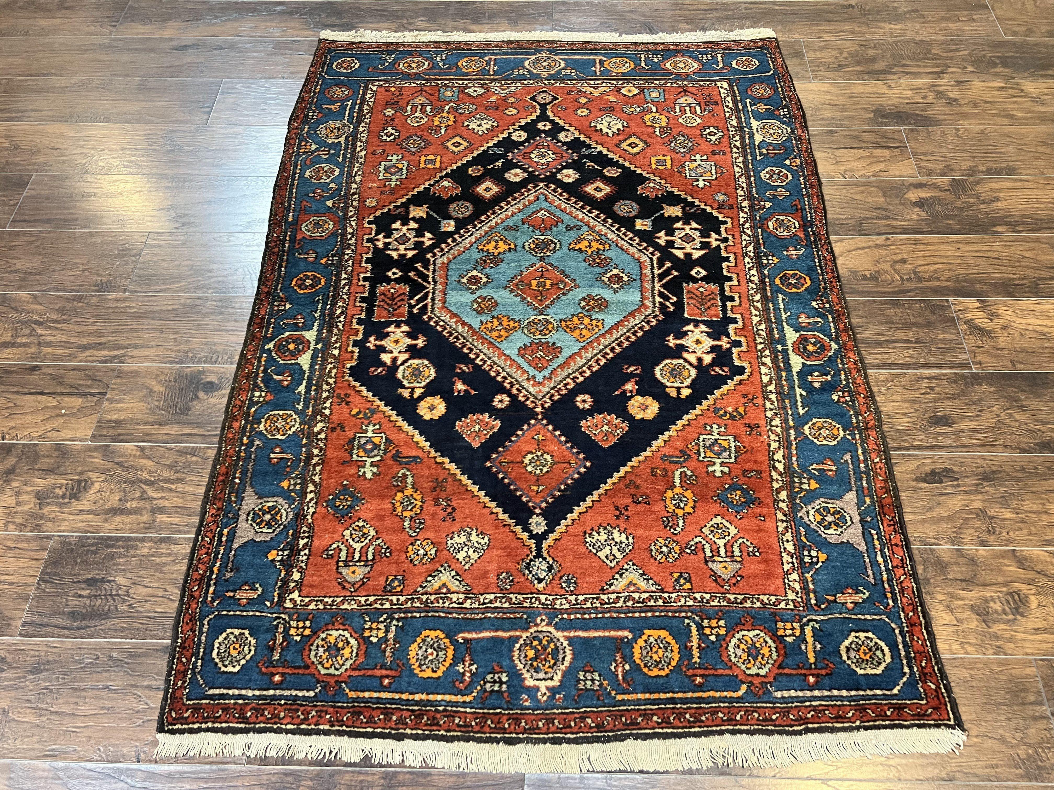 Antique Persian Hamadan Rug 4x6, Red Blue, Hand Knotted Carpet, Geometric, Tribal Rug, Wool Rug 4 x 6 - Jewel Rugs