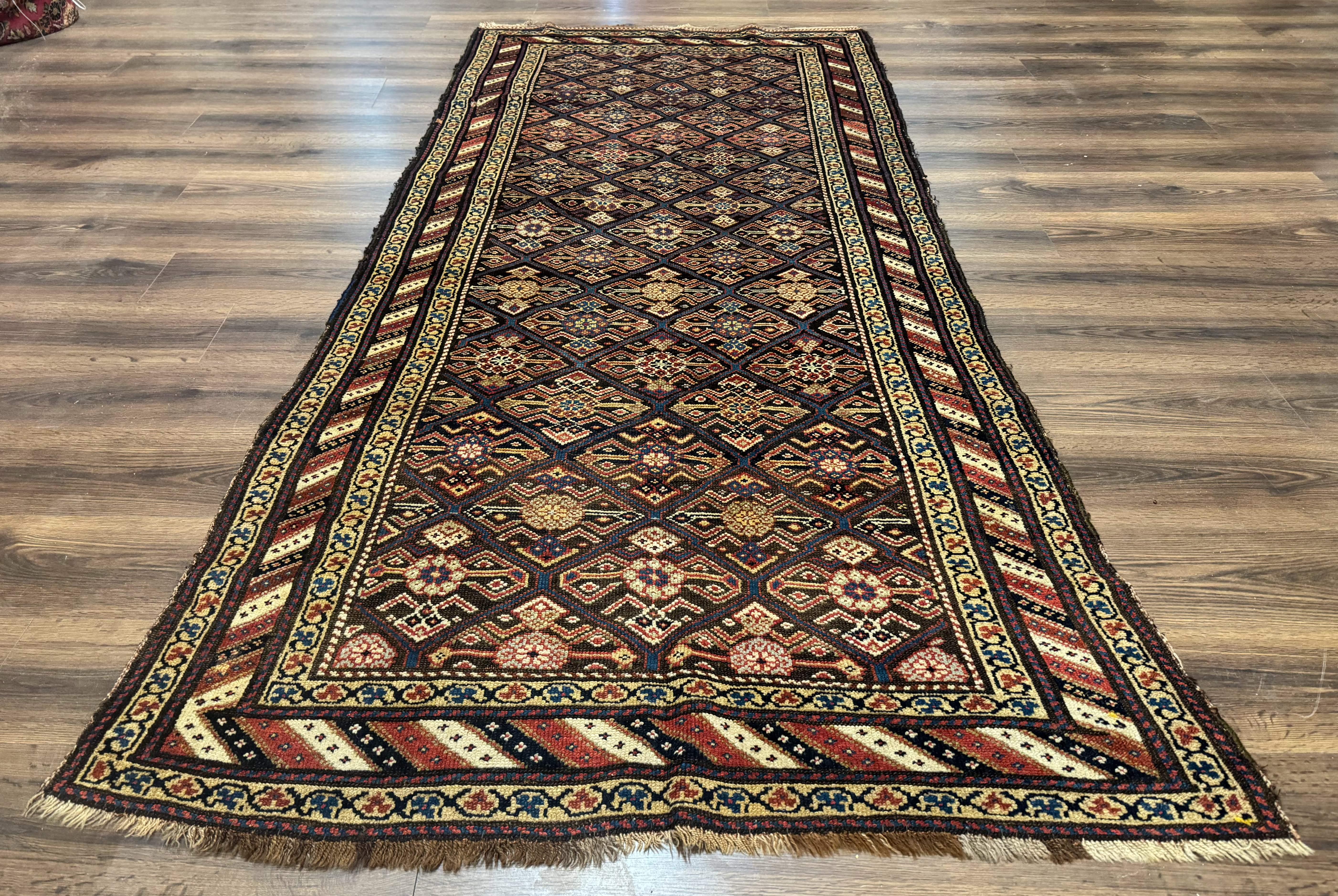 Antique Persian Wide Runner Rug 4x9, Kurdish Rug, Panel Design, Rainbow Border, Rare Tribal Rug - Jewel Rugs