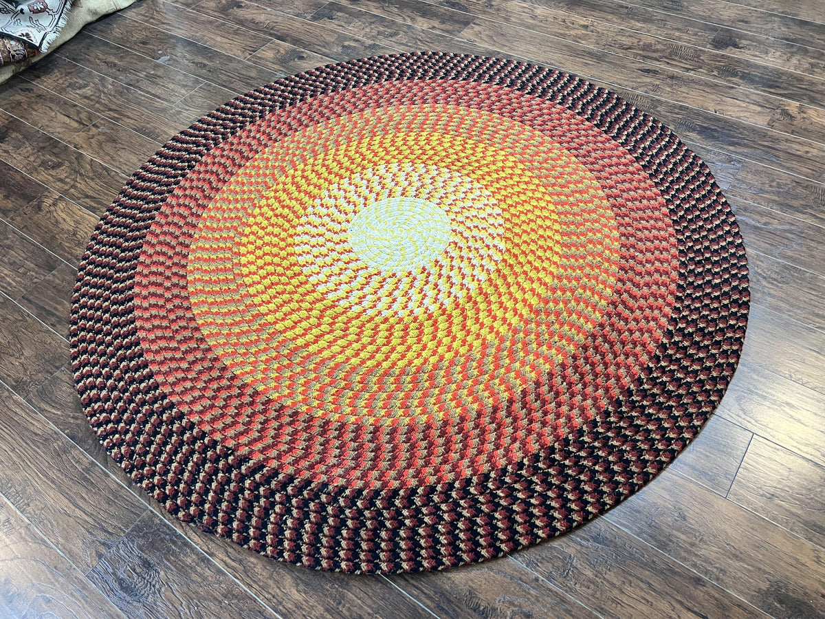Large Round American Braided Rug 7x7 ft, Multicolor Shades of Yellow O