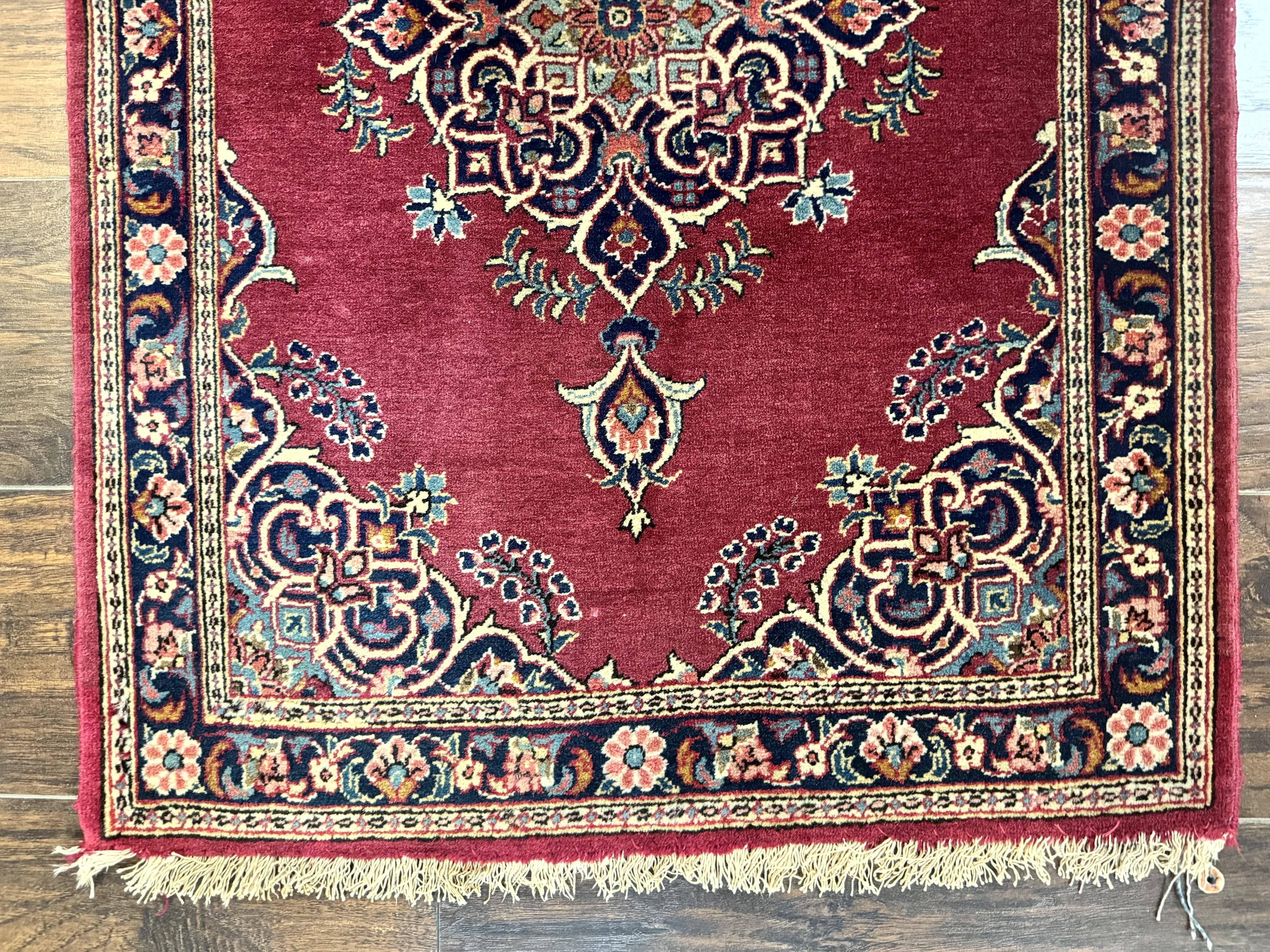 Small Persian Kashan Rug 2x3, Red and Navy Blue, Handmade Vintage Wool Semi Antique Persian Carpet, Semi Open Field - Jewel Rugs
