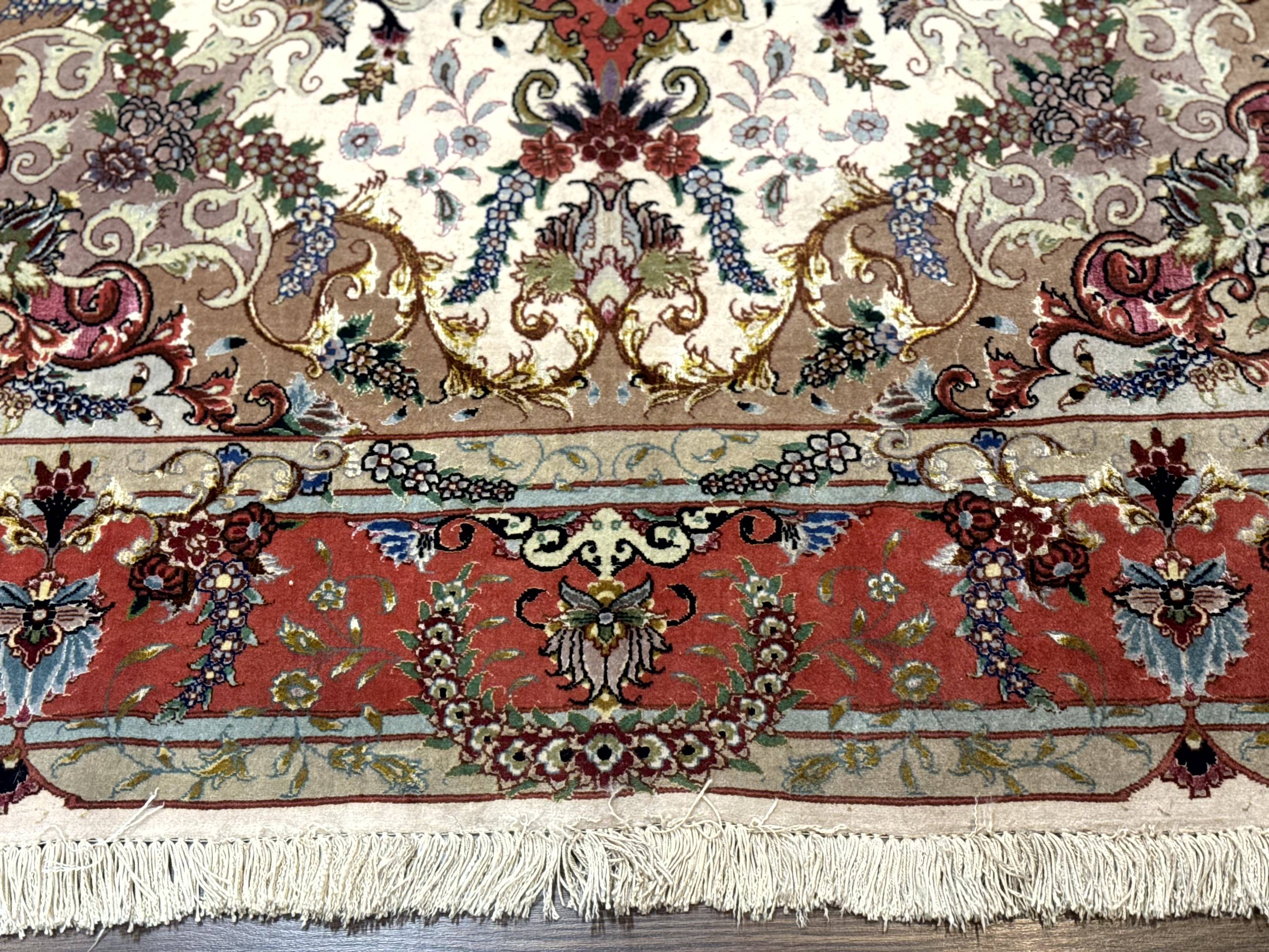 Wonderful Persian Tabriz Rug 5x7, Very Fine 440 KPSI, Ivory and Coral, Rare - Jewel Rugs