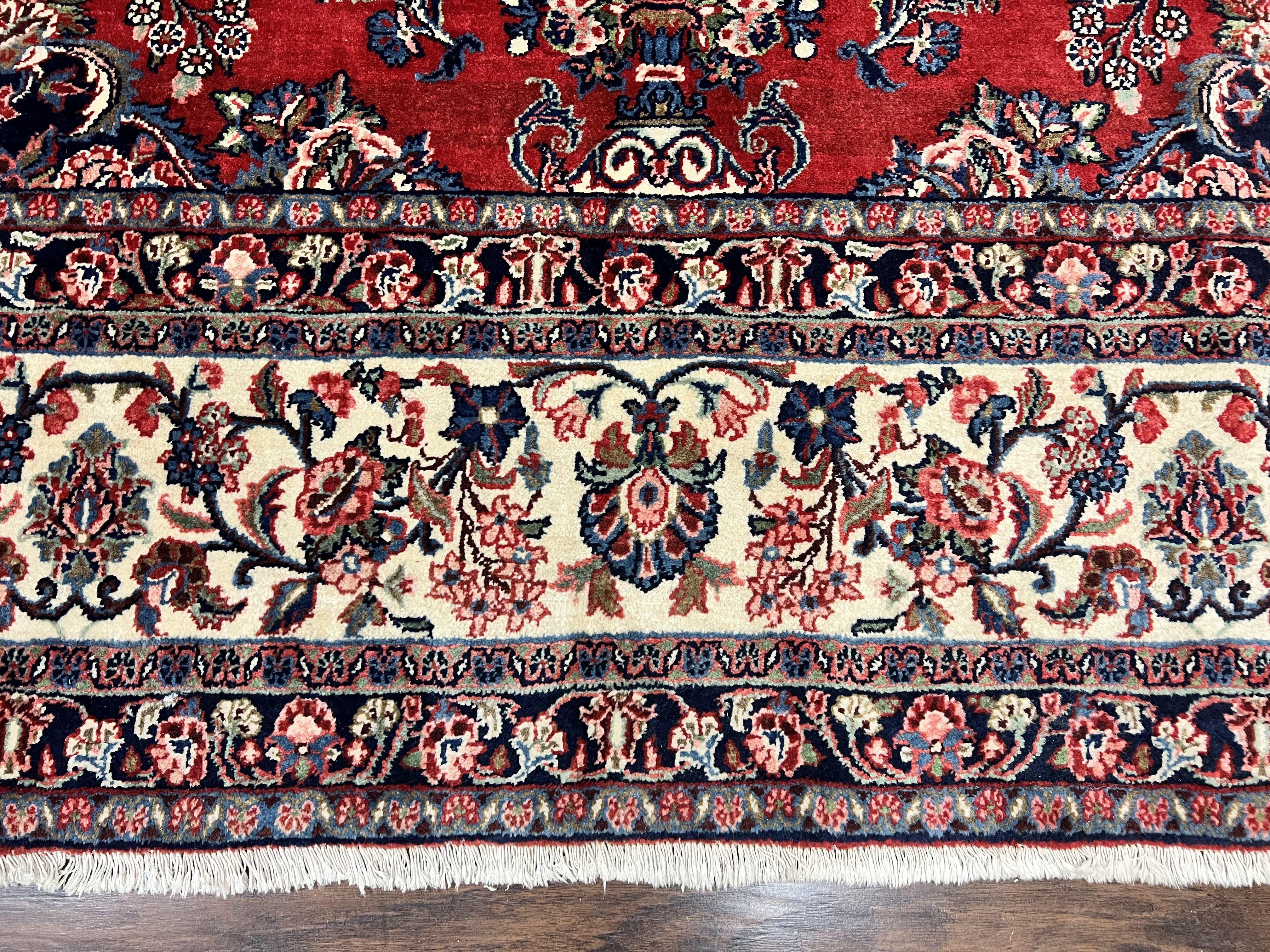 Persian Sarouk Rug 11x13, Wool Hand Knotted Antique Carpet, Red Ivory Traditional Handmade Large Oriental Area Rug 11 x 13, Floral Medallion - Jewel Rugs