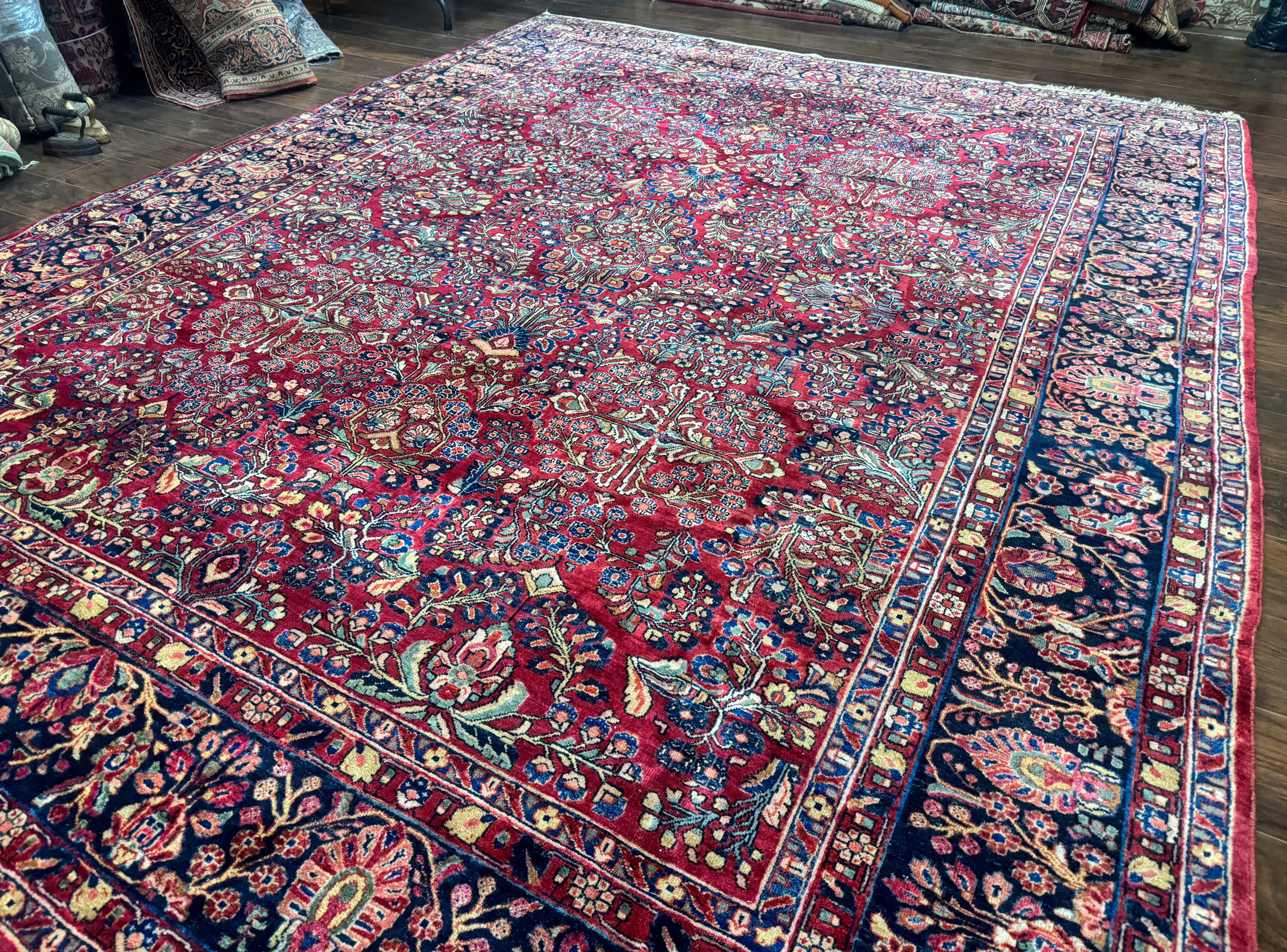Antique Persian Sarouk Rug 9x12, Red and Blue, Large, Wool, Floral Allover - Jewel Rugs