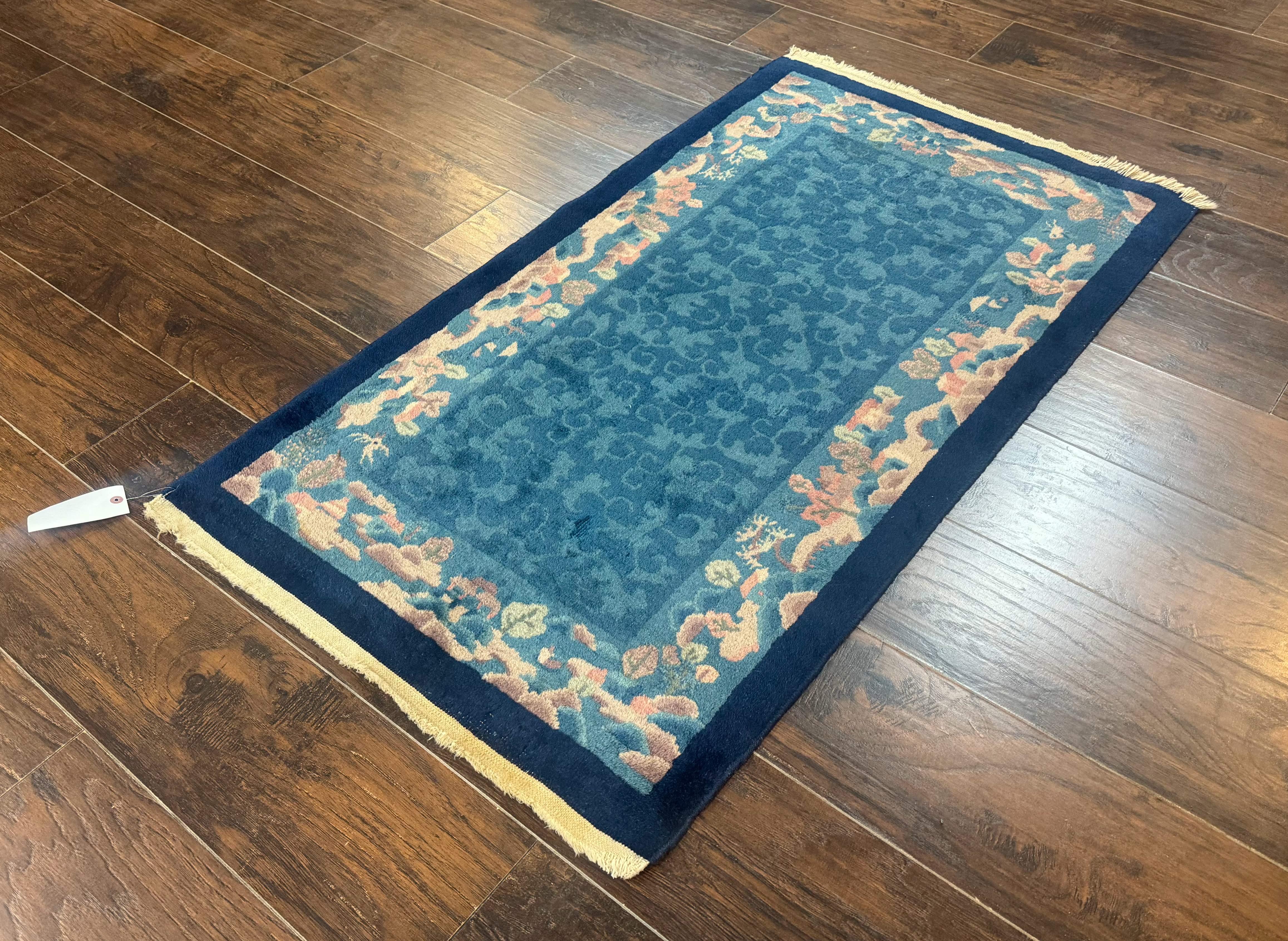 Blue Chinese Rug 2.6 x 4, Fete Rug, Peking Rug, Chinese Wool Rug, Art Deco Carpet - Jewel Rugs