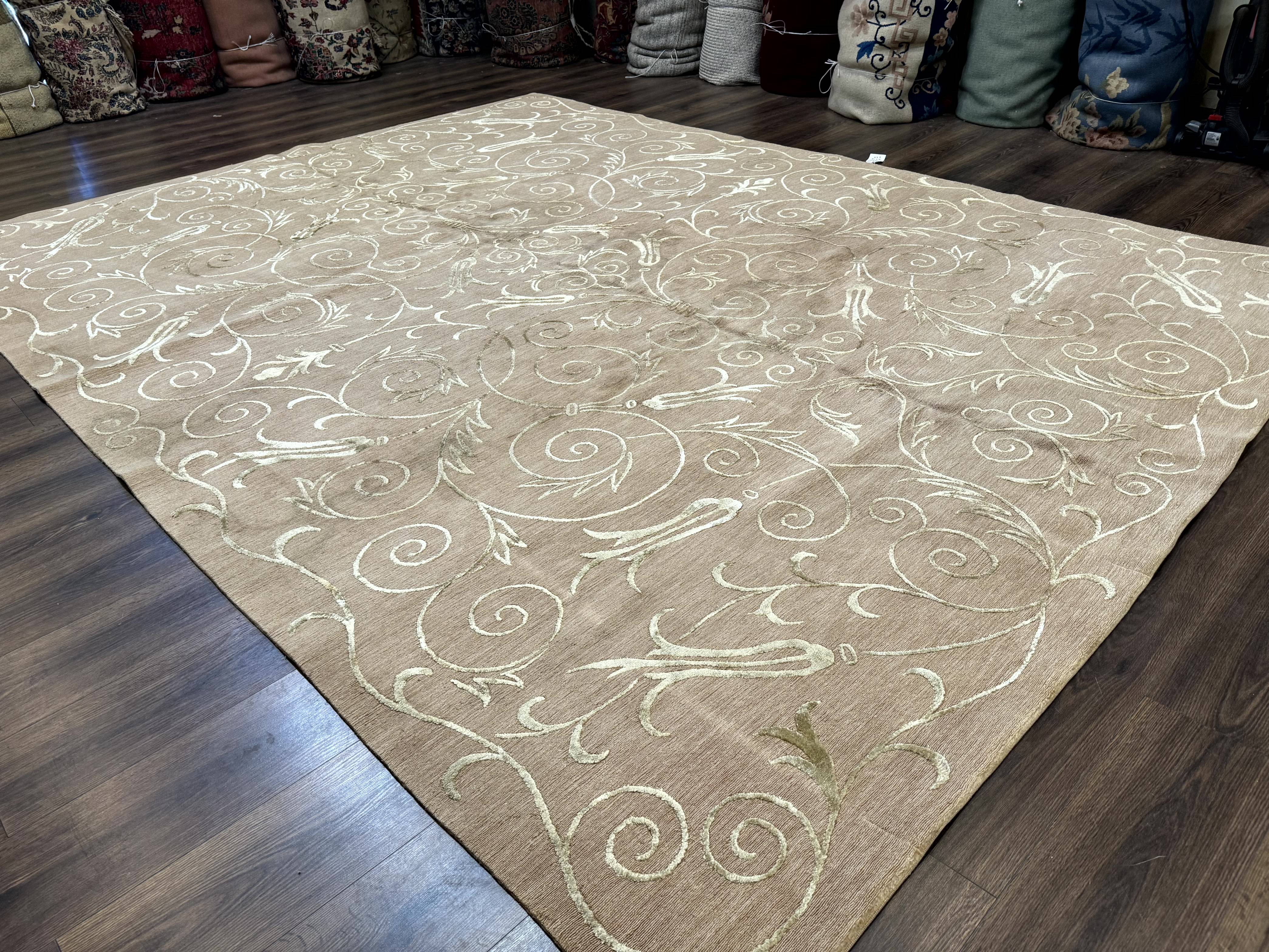 Tibetan Rug 9x12 Wool and Silk Beige Modern Handmade Carpet - Jewel Rugs