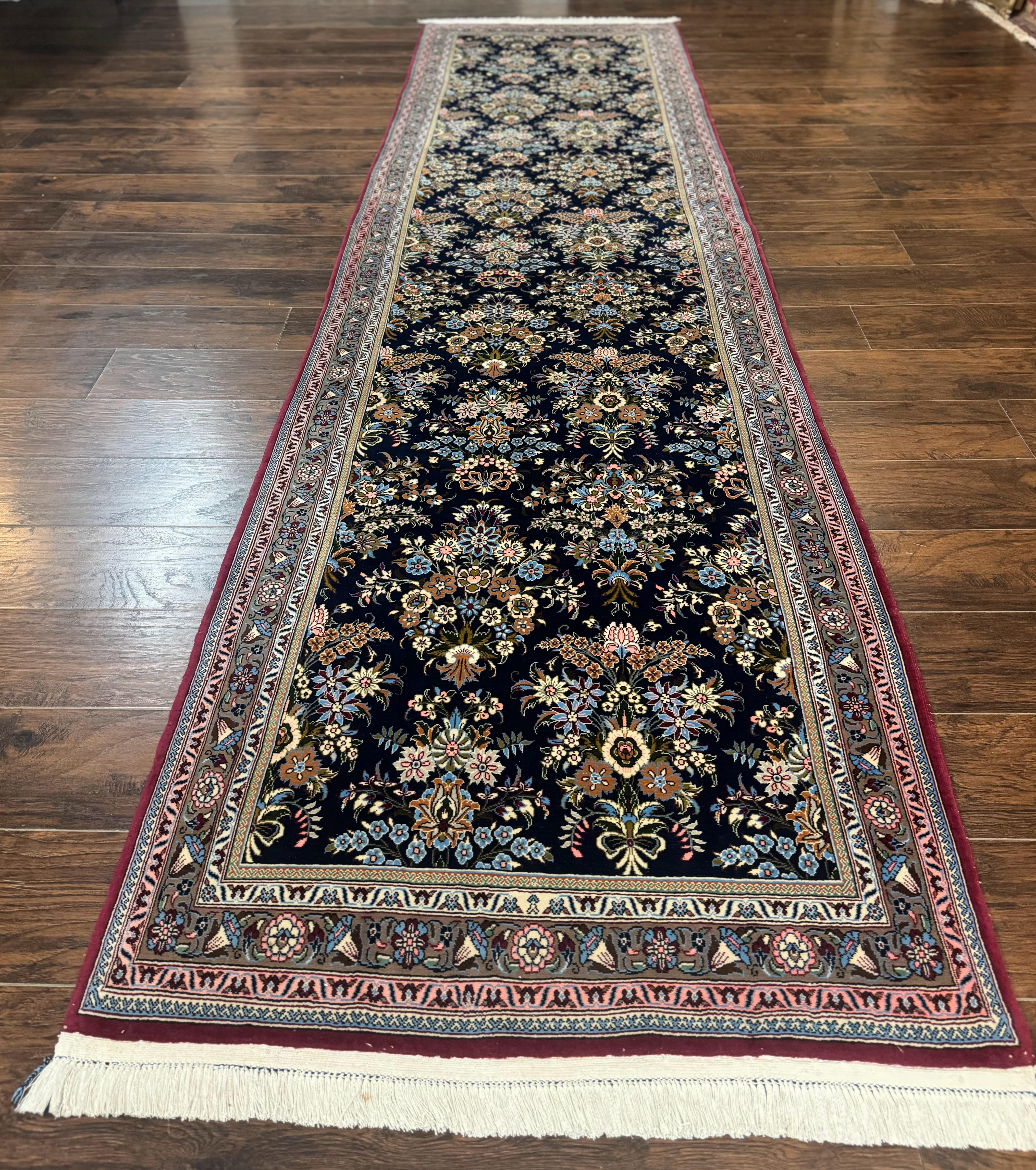 Persian Runner Rug 3.6 x 13, Floral Bouquets, Navy Blue, Colorful Flowers, Fine 210 KPSI - Jewel Rugs
