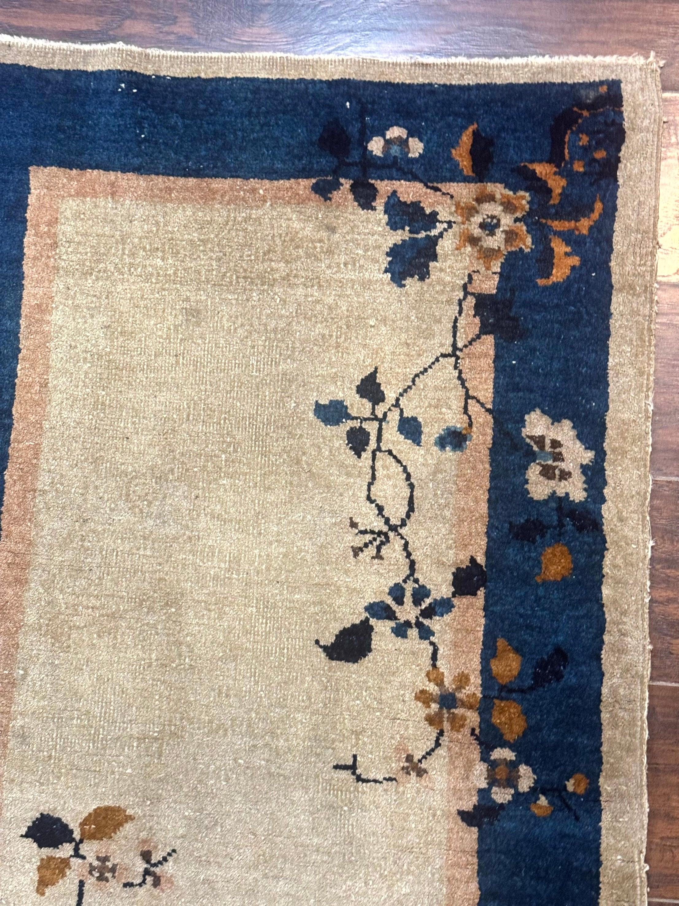 Antique Chinese Wool Rug 2.7 x 5, Simple Design, Peking Carpet, 1920s Rug, Beige and Blue, Floral - Jewel Rugs